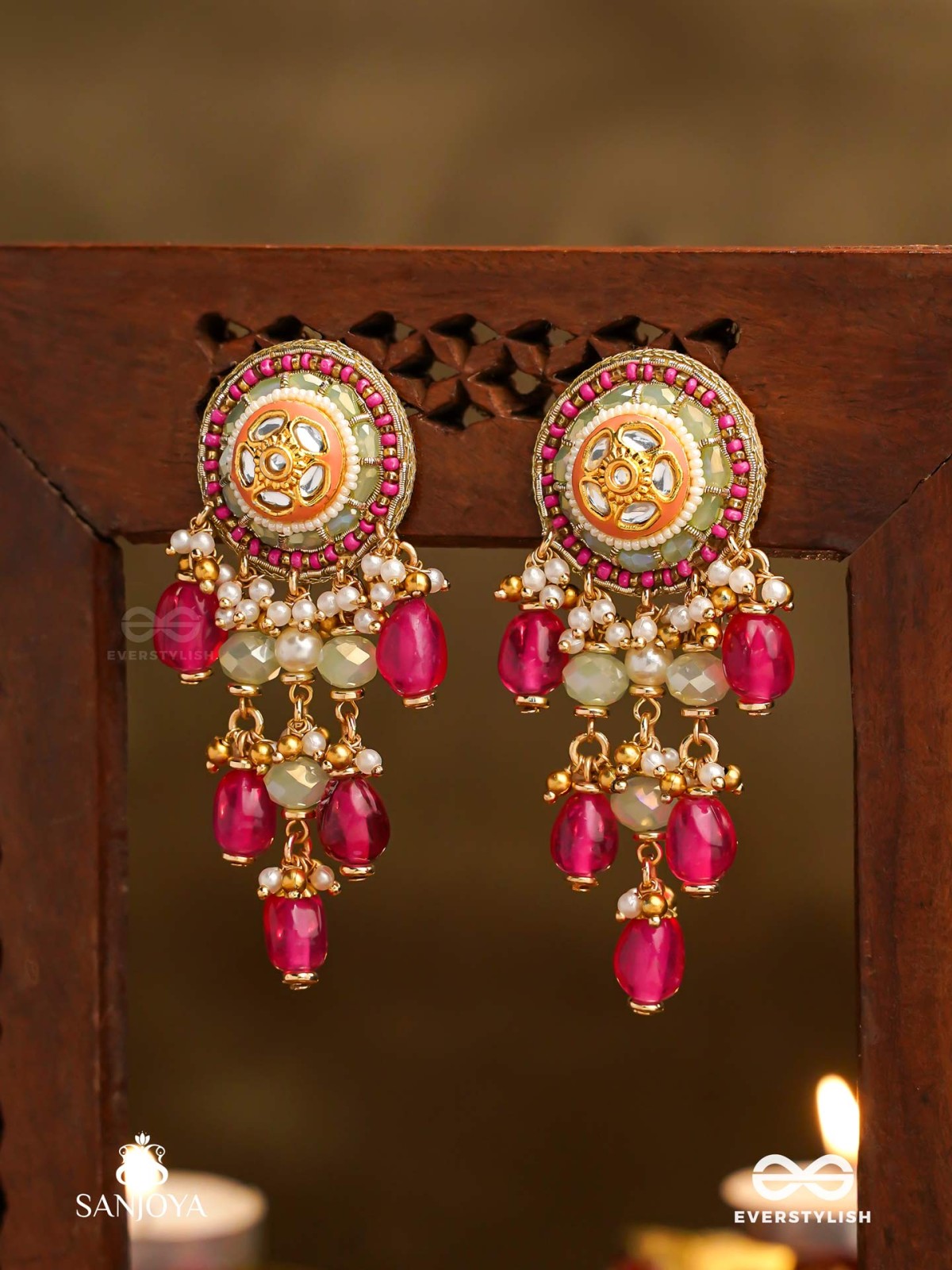 RAKTAKUSUMA- RED FLOWER -  RADIANT RED BEADS AND PEARLS WITH GOLDEN EMBELIISHED EARRINGS