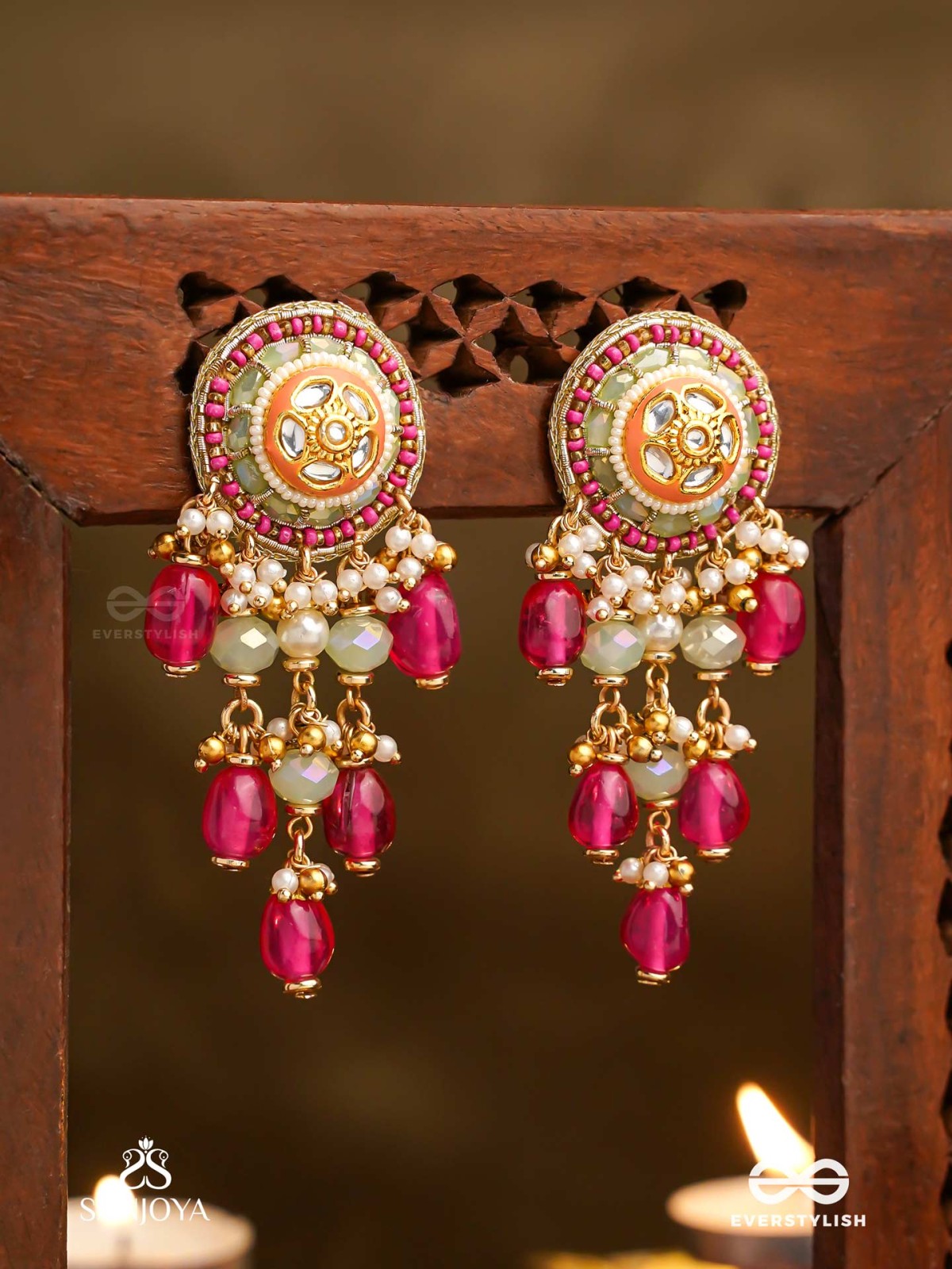 RAKTAKUSUMA- RED FLOWER -  RADIANT RED BEADS AND PEARLS WITH GOLDEN EMBELIISHED EARRINGS