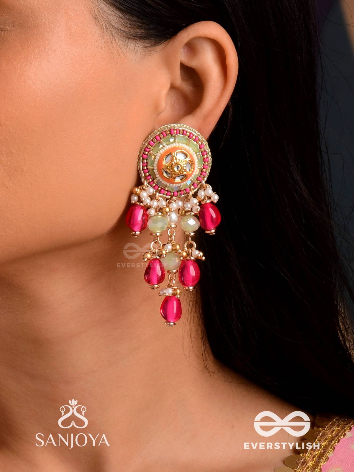 RAKTAKUSUMA- RED FLOWER -  RADIANT RED BEADS AND PEARLS WITH GOLDEN EMBELIISHED EARRINGS