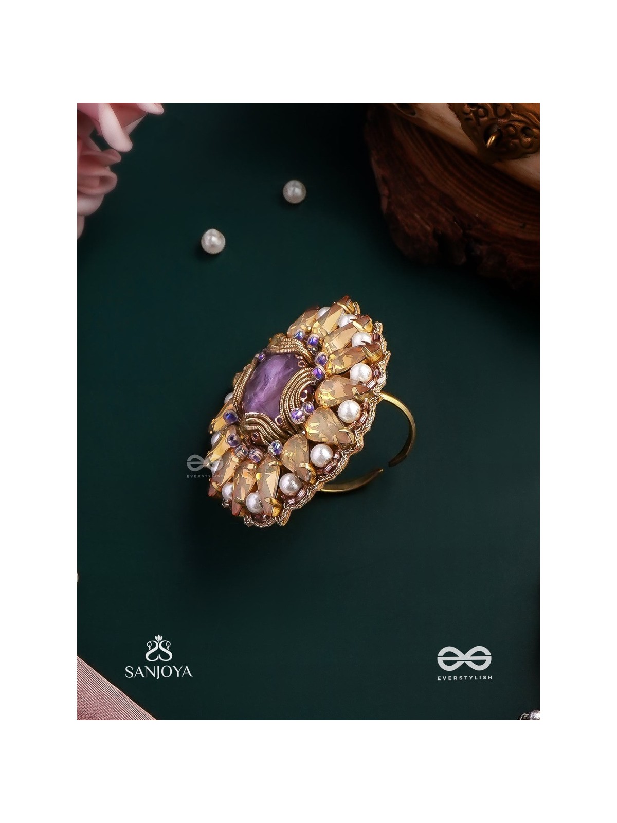 KANAKA PUSHPA – GOLDEN FLOWER EMBROIDERED FLOWER-SHAPED RING ADORNED WITH YELLOW GEMS AND PEARLS, GIVING A GOLDEN GLOW