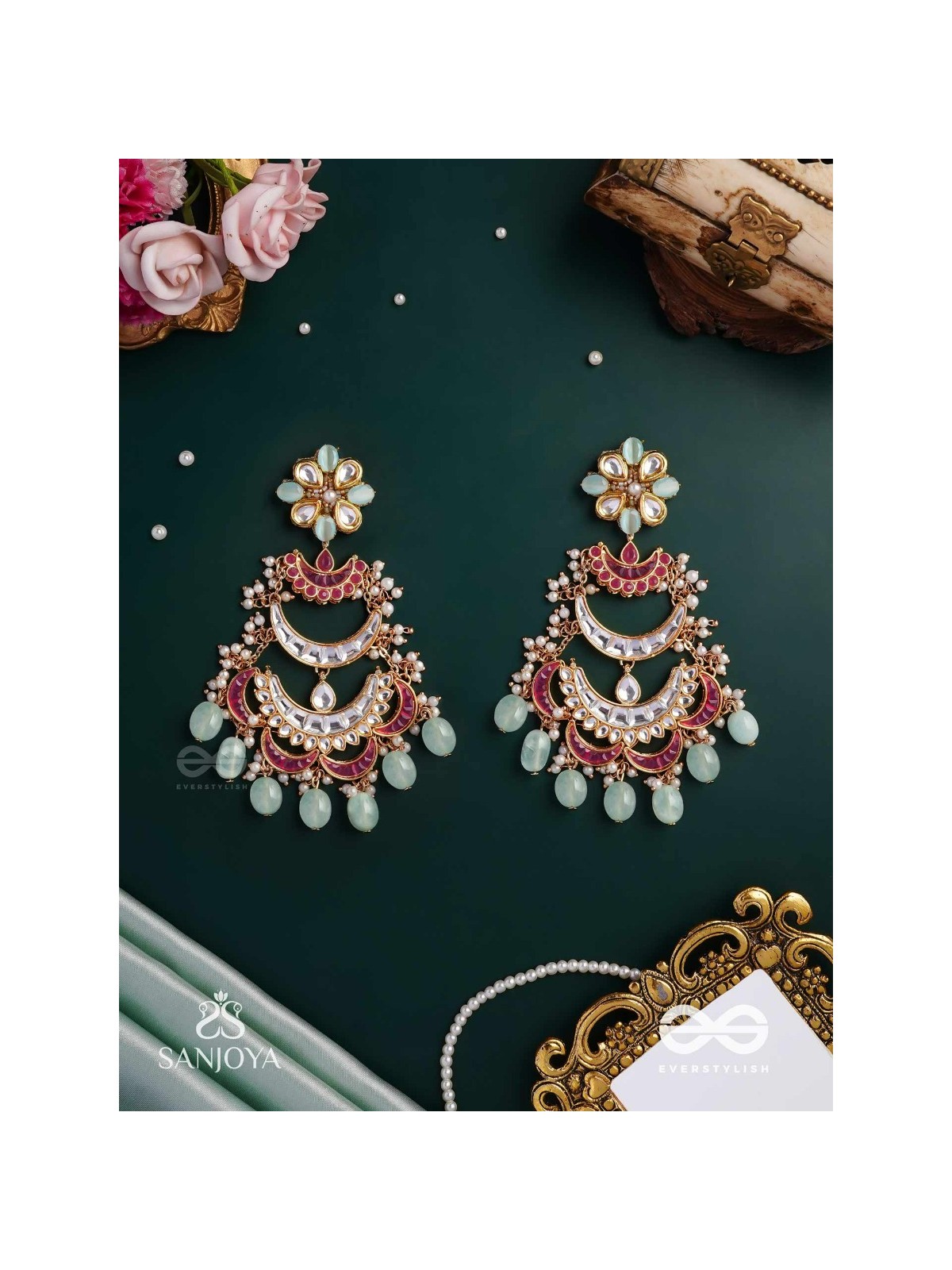 CHANDRIKA DHARA- MOONLIGHT CASCADE EXQUISITE FLORAL KUNDAN EARRINGS ADORNED WITH PEARLS AND PASTEL BEADS