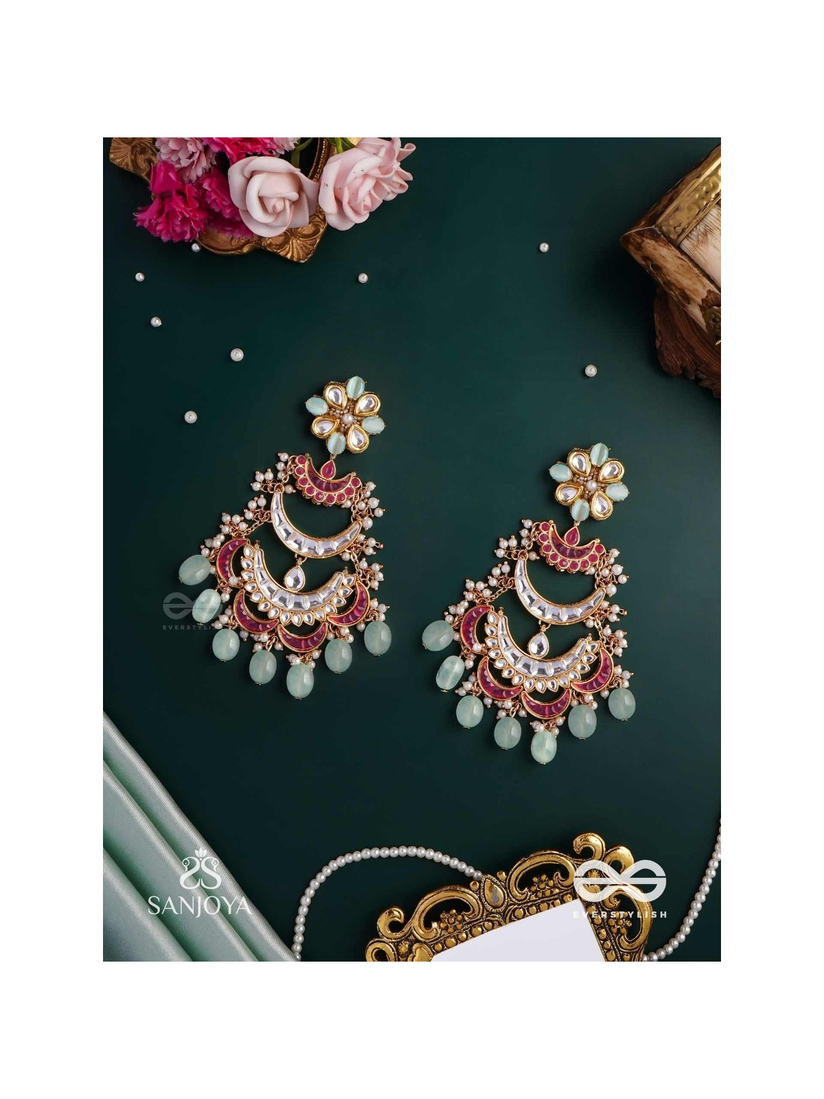 CHANDRIKA DHARA- MOONLIGHT CASCADE EXQUISITE FLORAL KUNDAN EARRINGS ADORNED WITH PEARLS AND PASTEL BEADS
