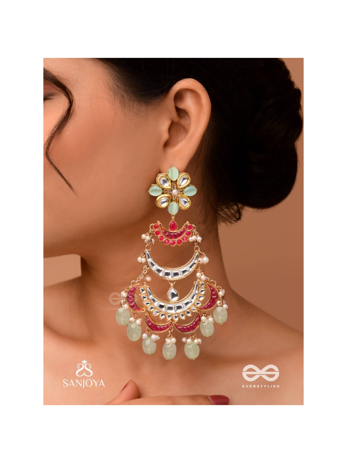 CHANDRIKA DHARA- MOONLIGHT CASCADE EXQUISITE FLORAL KUNDAN EARRINGS ADORNED WITH PEARLS AND PASTEL BEADS