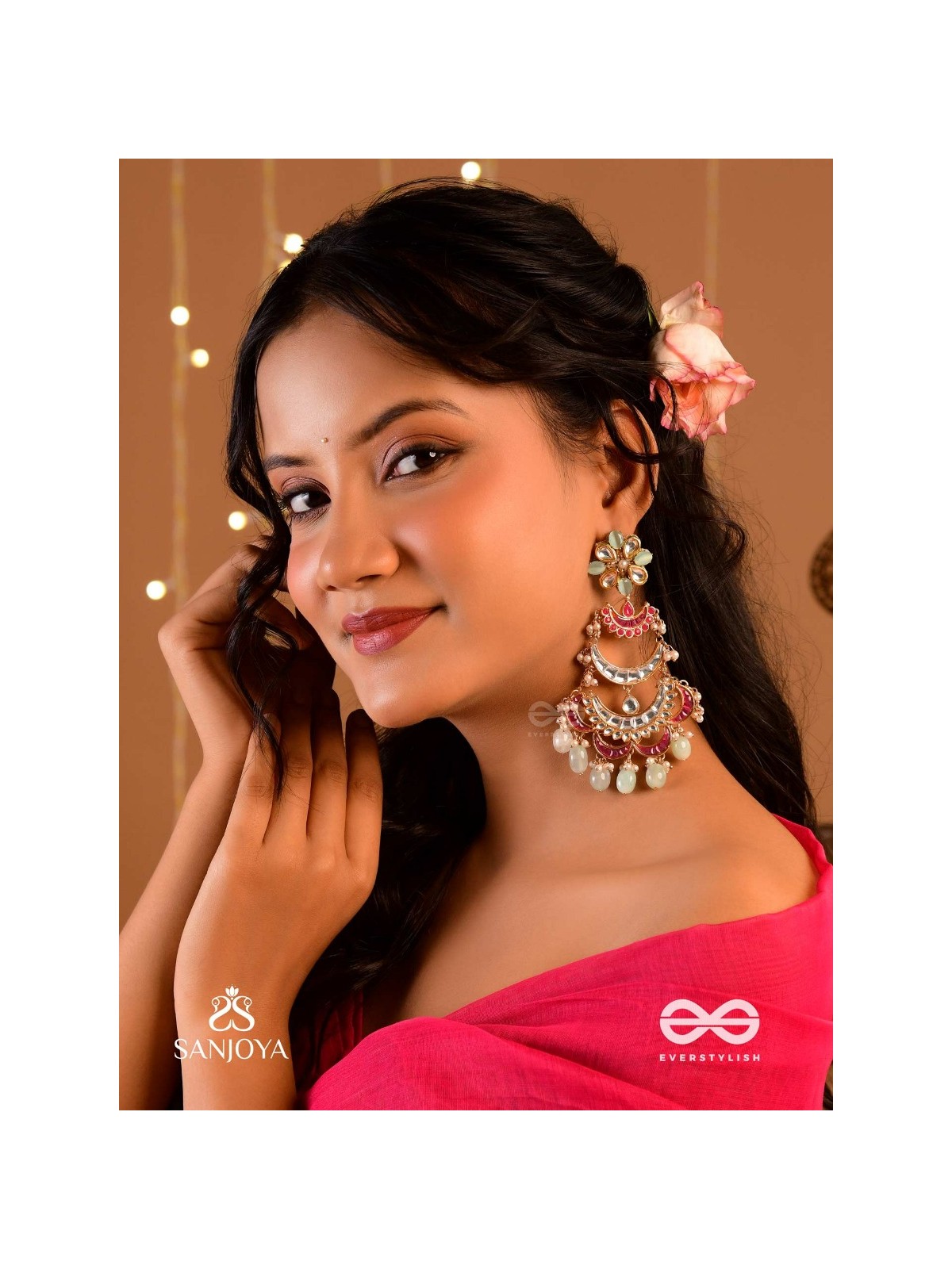 CHANDRIKA DHARA- MOONLIGHT CASCADE EXQUISITE FLORAL KUNDAN EARRINGS ADORNED WITH PEARLS AND PASTEL BEADS