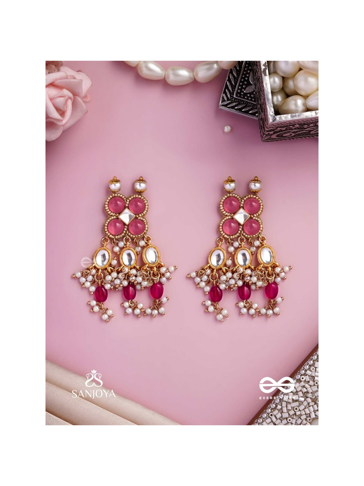 GULABI DHARA – SUHANA KHAN INSPIRED EARRINGS FEATURING KUNDAN, RED GEMSTONES AND PEARLS