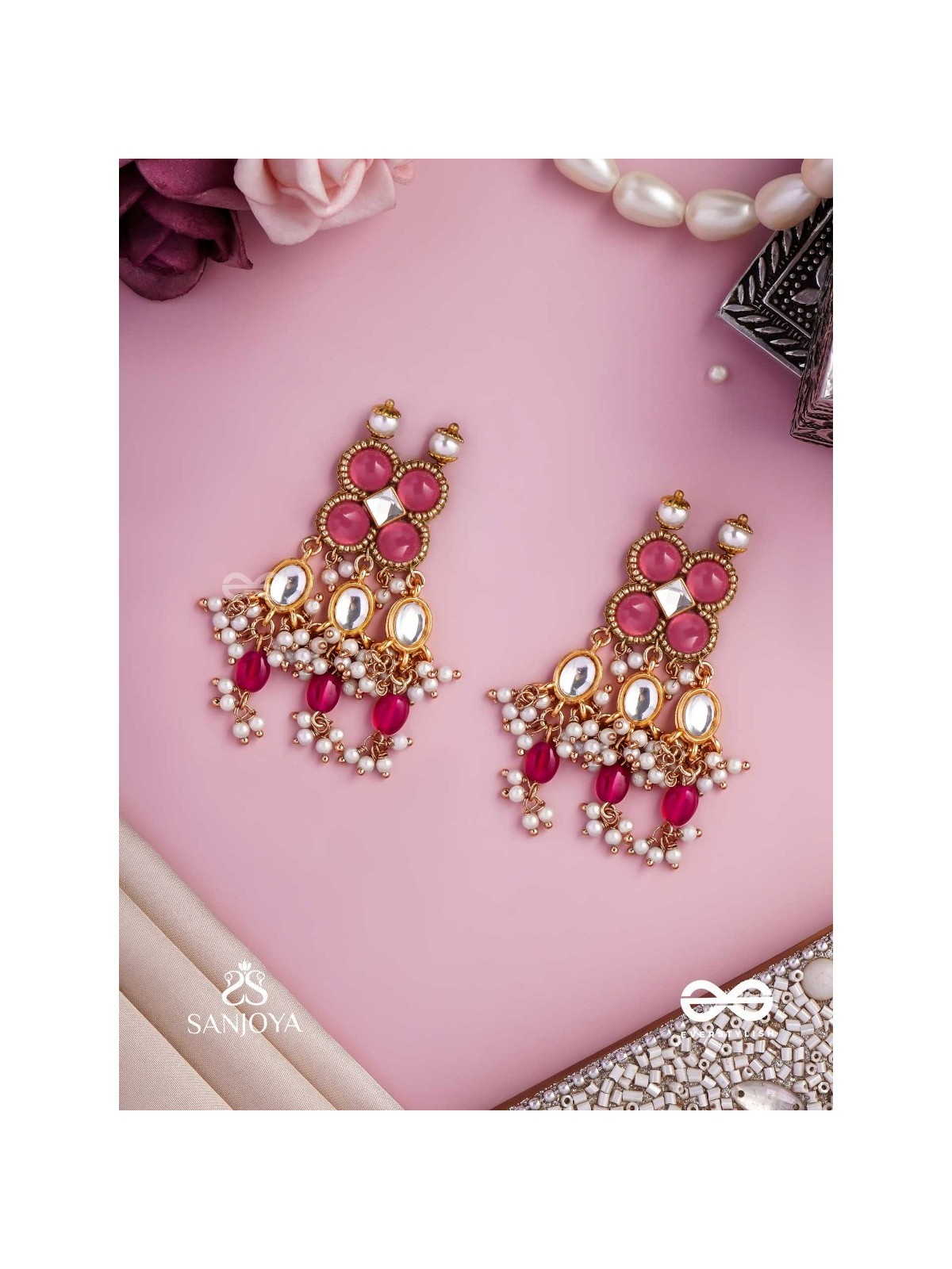 GULABI DHARA – SUHANA KHAN INSPIRED EARRINGS FEATURING KUNDAN, RED GEMSTONES AND PEARLS