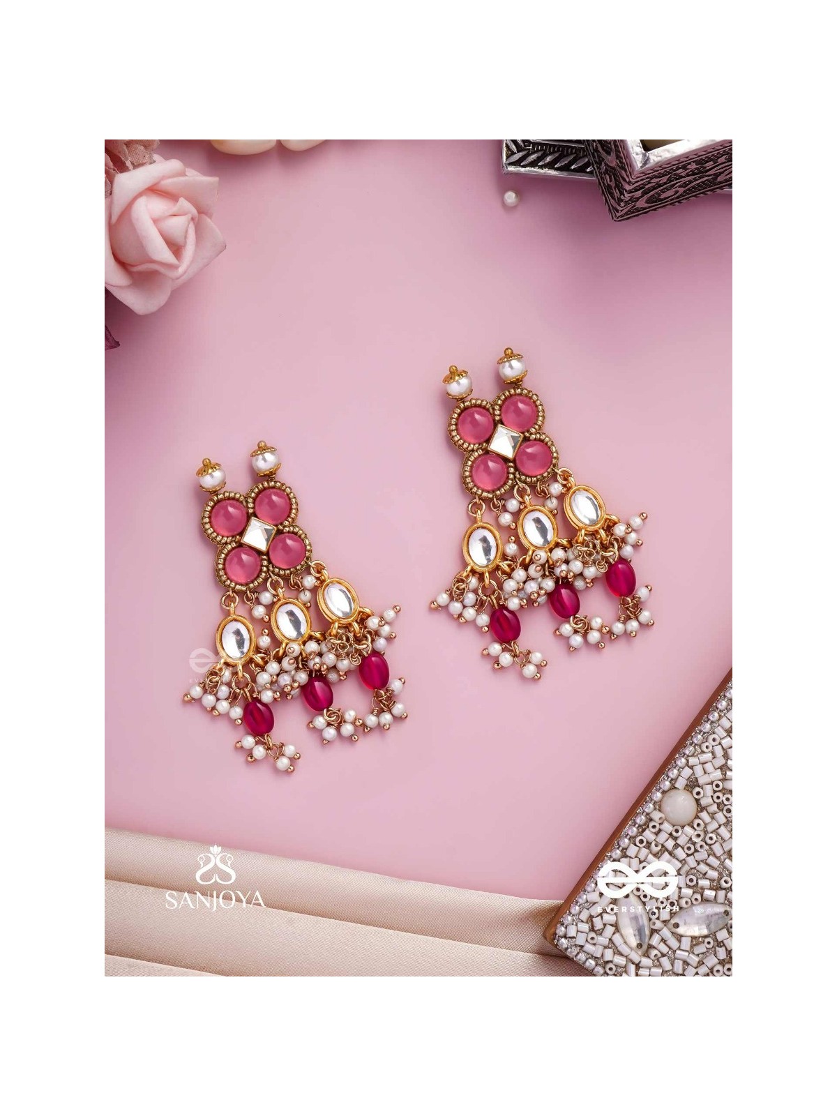 GULABI DHARA – SUHANA KHAN INSPIRED EARRINGS FEATURING KUNDAN, RED GEMSTONES AND PEARLS