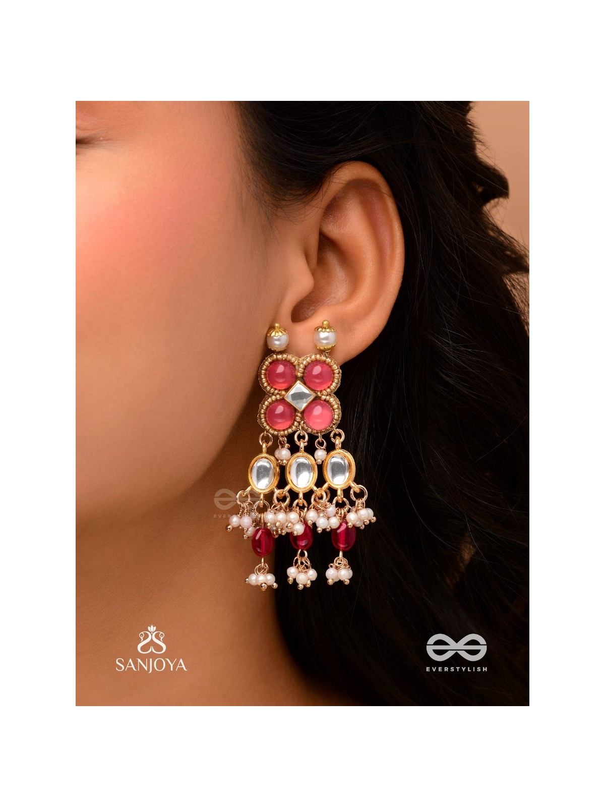 GULABI DHARA – SUHANA KHAN INSPIRED EARRINGS FEATURING KUNDAN, RED GEMSTONES AND PEARLS