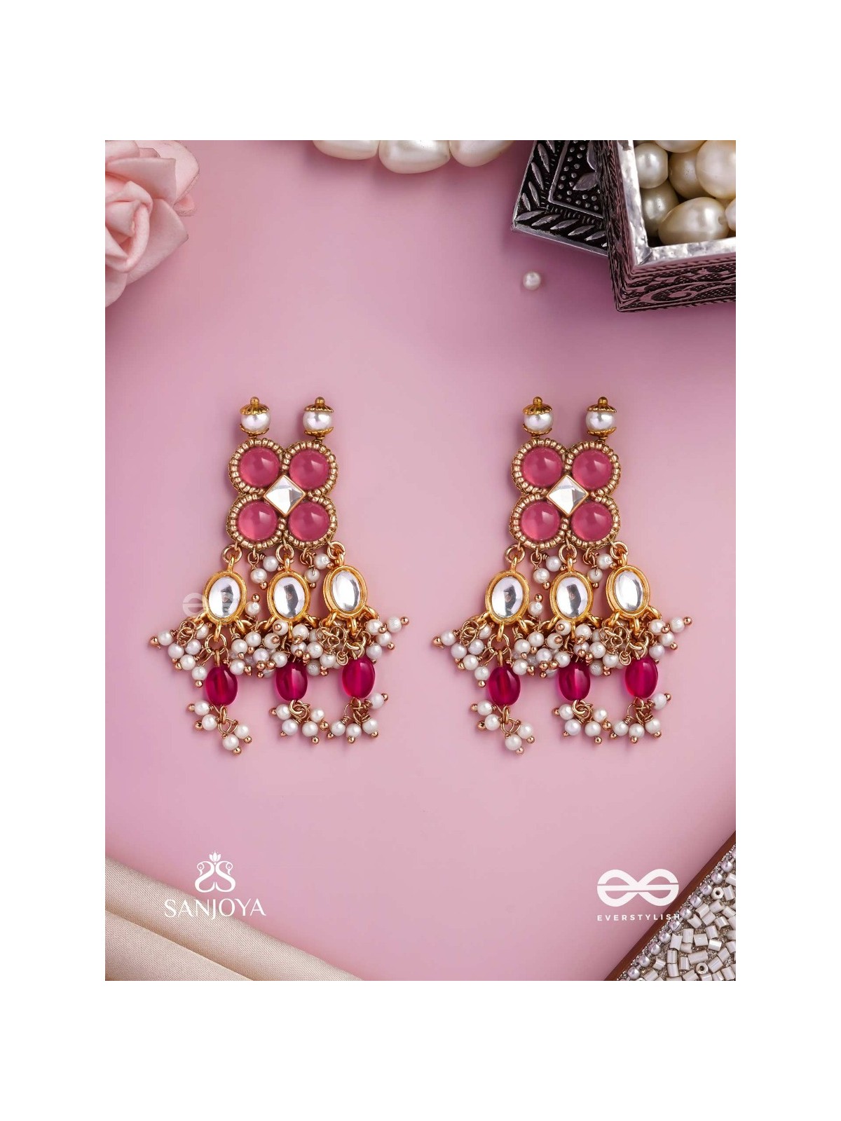 GULABI DHARA – SUHANA KHAN INSPIRED EARRINGS FEATURING KUNDAN, RED GEMSTONES AND PEARLS