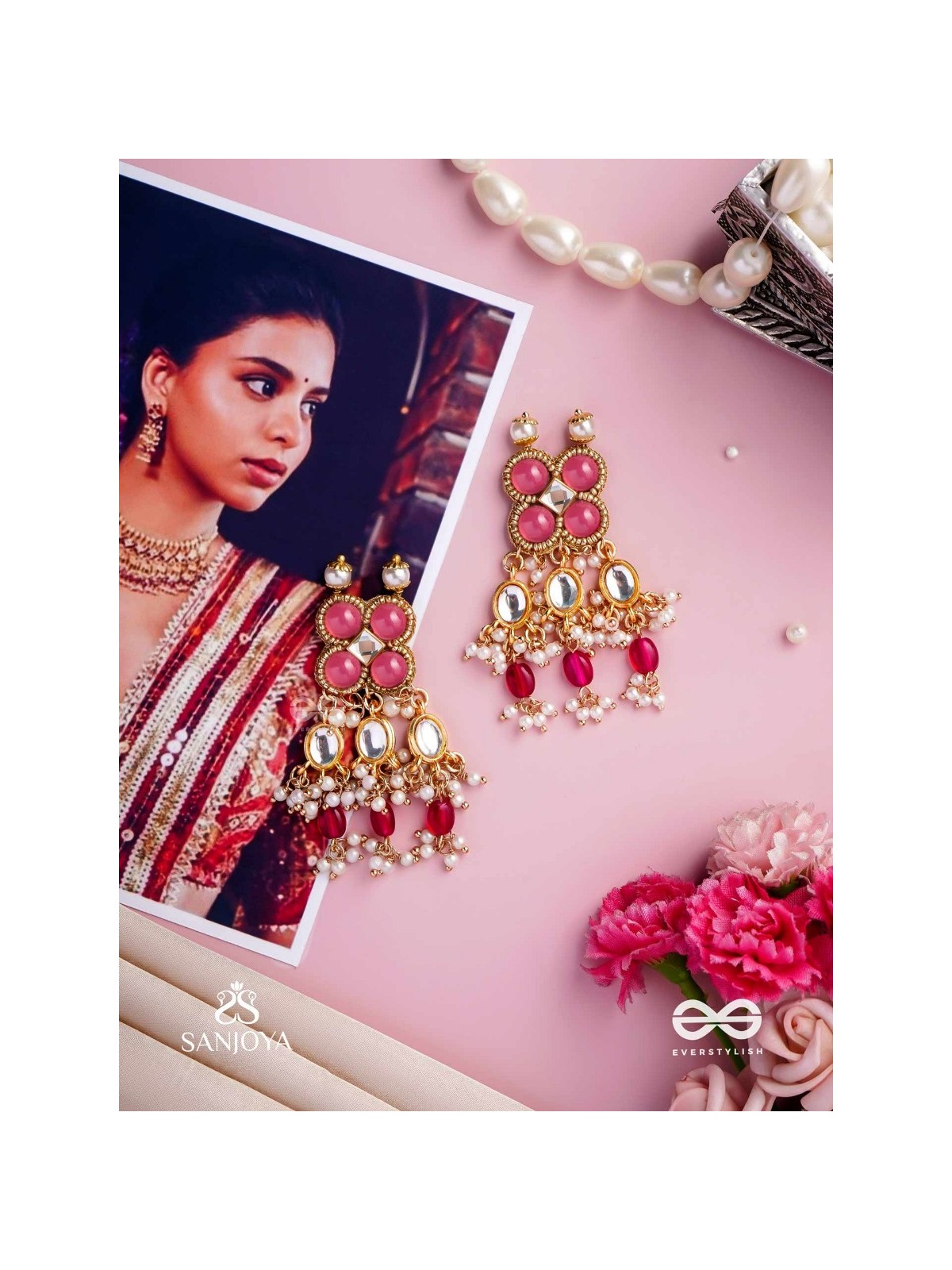 GULABI DHARA – SUHANA KHAN INSPIRED EARRINGS FEATURING KUNDAN, RED GEMSTONES AND PEARLS