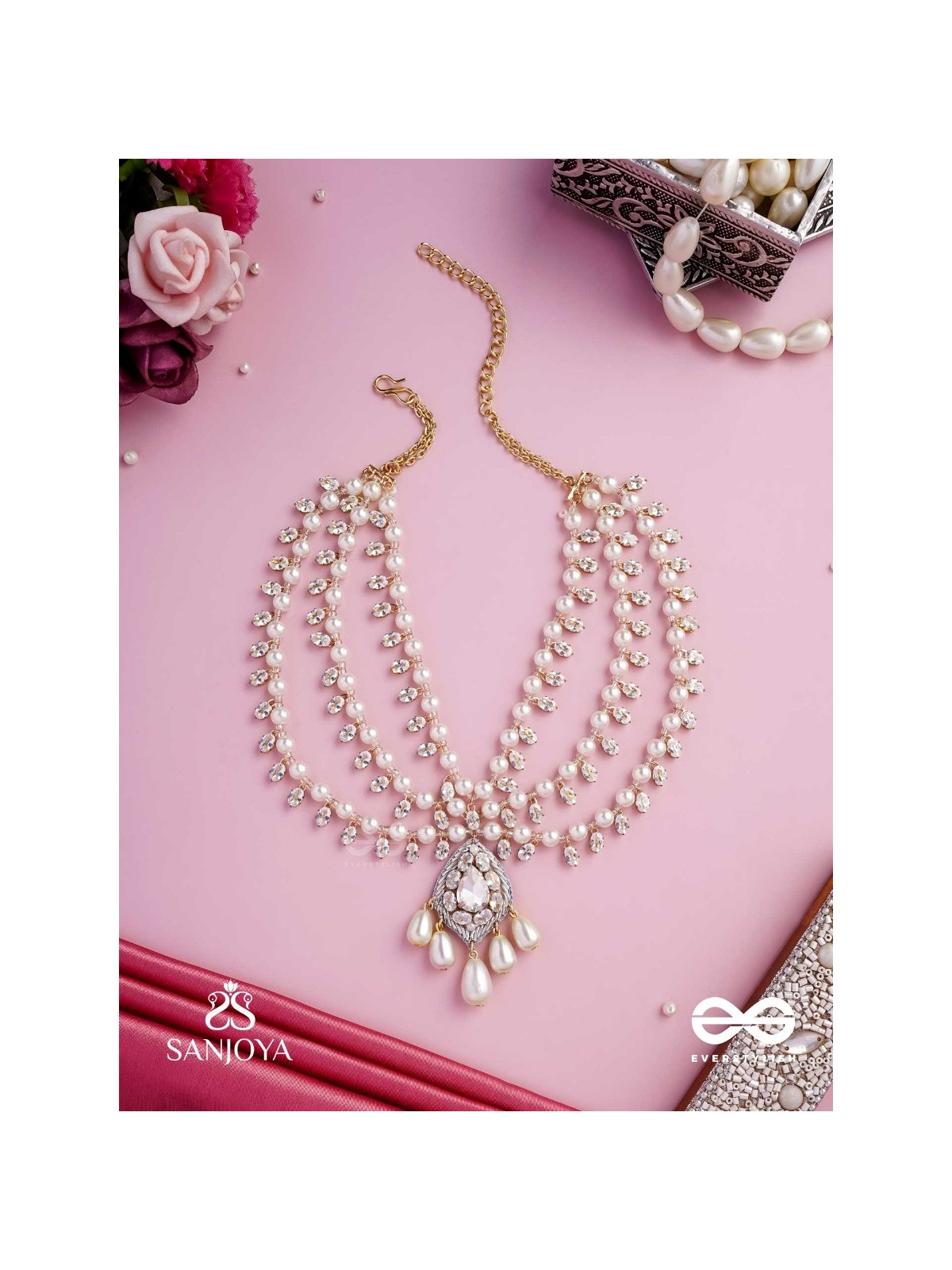 SHWETAPUSHPA– SHLOKA AMBANI INSPIRED NECKPIECE WITH SILVER ACCENTS, CZ STONES AND PEARLS