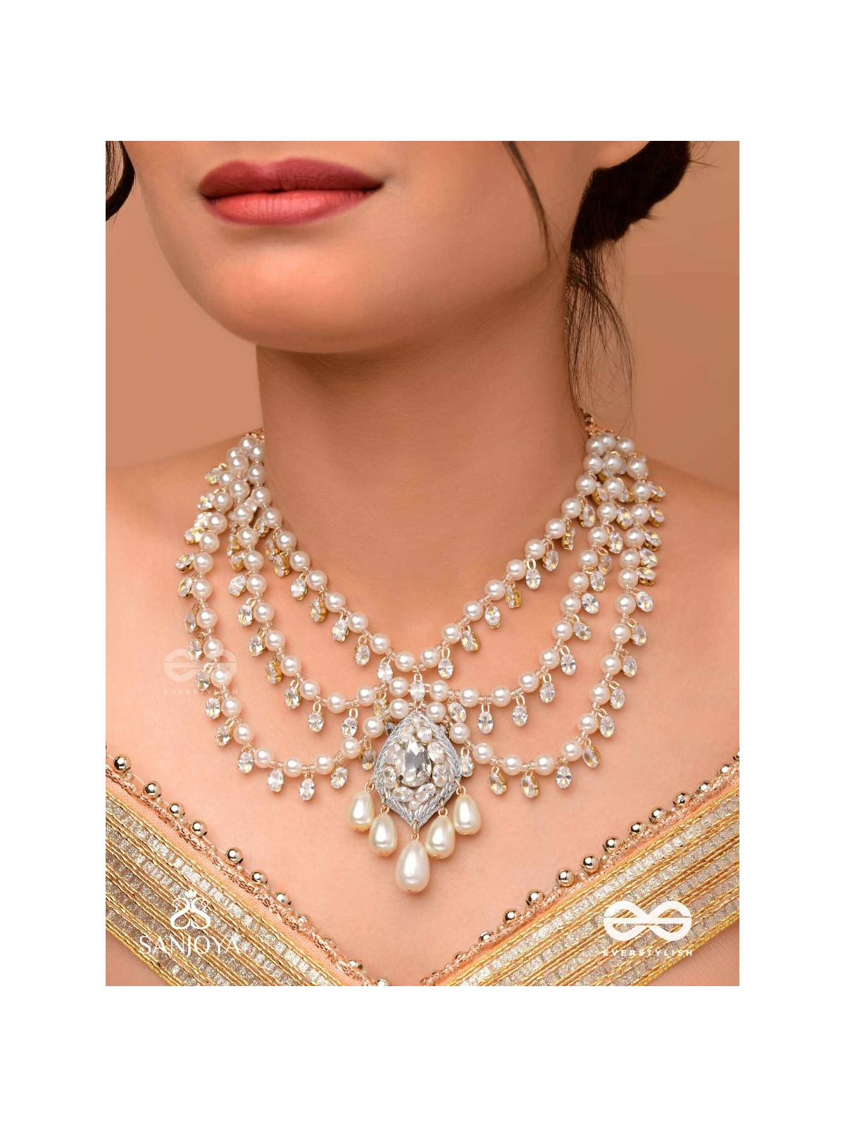 SHWETAPUSHPA– SHLOKA AMBANI INSPIRED NECKPIECE WITH SILVER ACCENTS, CZ STONES AND PEARLS