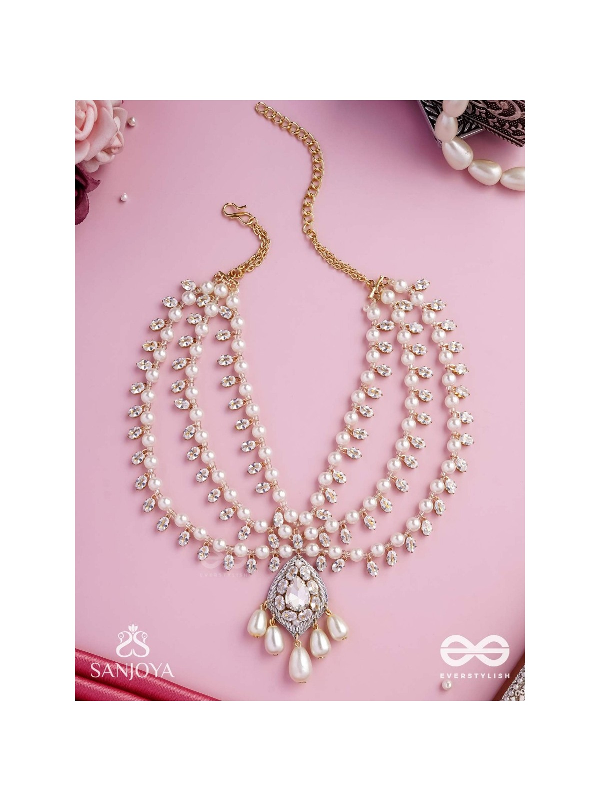 SHWETAPUSHPA– SHLOKA AMBANI INSPIRED NECKPIECE WITH SILVER ACCENTS, CZ STONES AND PEARLS