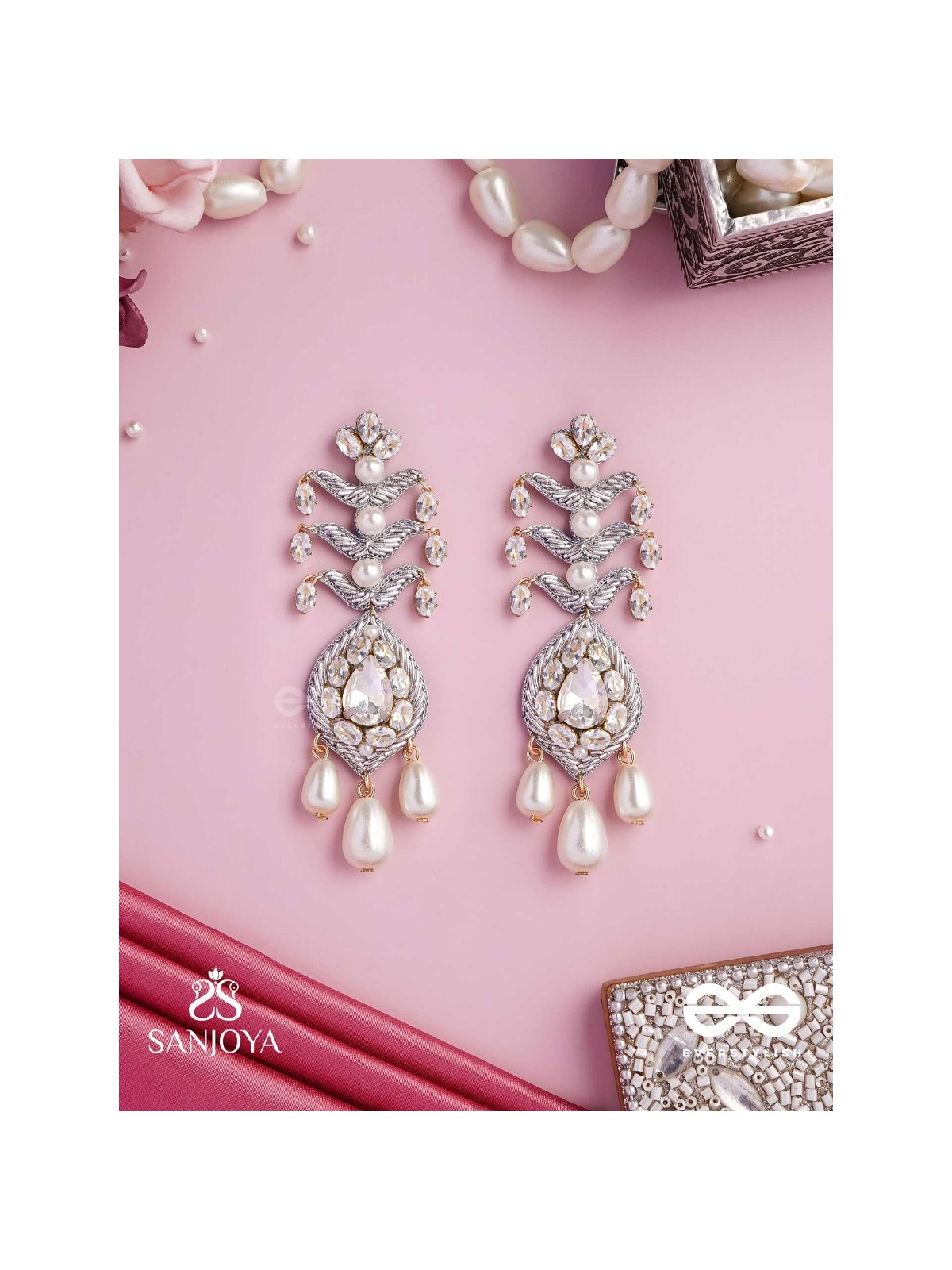 SHWETAPUSHPA– SHLOKA AMBANI INSPIRED EARRINGS WITH SILVER ACCENTS, CZ STONES AND PEARLS