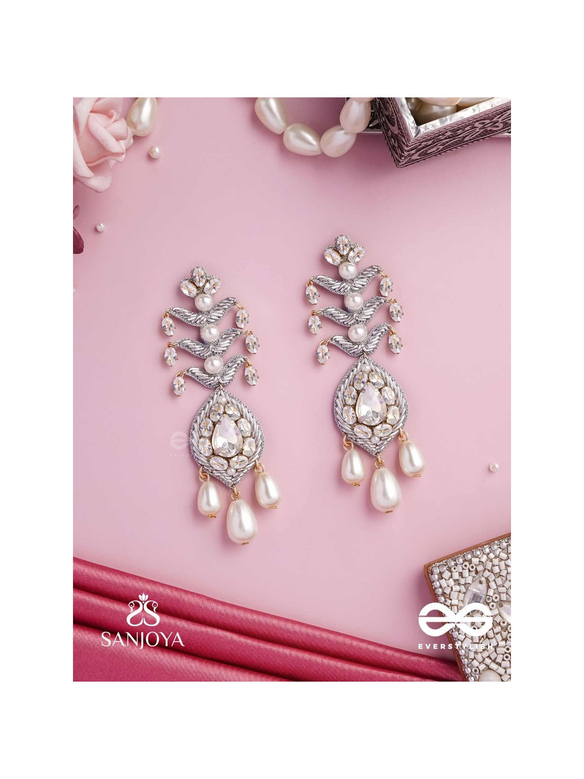 SHWETAPUSHPA– SHLOKA AMBANI INSPIRED EARRINGS WITH SILVER ACCENTS, CZ STONES AND PEARLS
