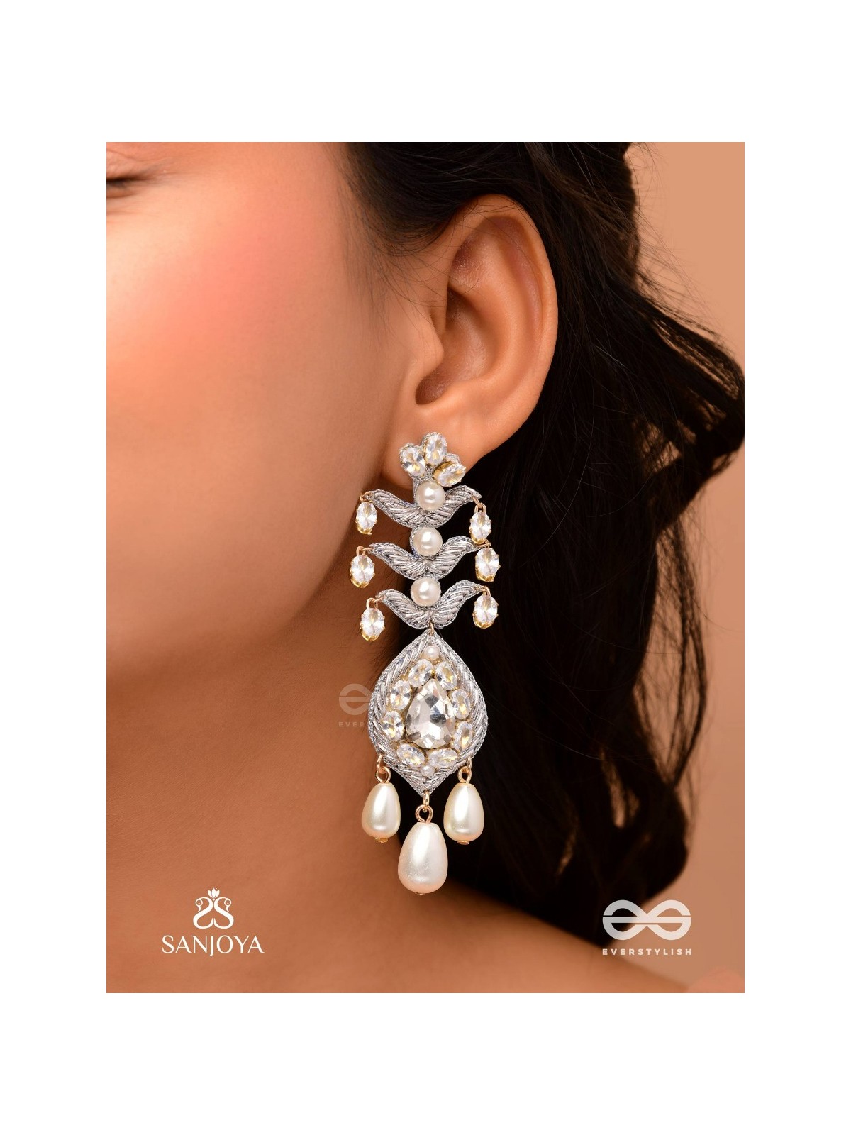 SHWETAPUSHPA– SHLOKA AMBANI INSPIRED EARRINGS WITH SILVER ACCENTS, CZ STONES AND PEARLS