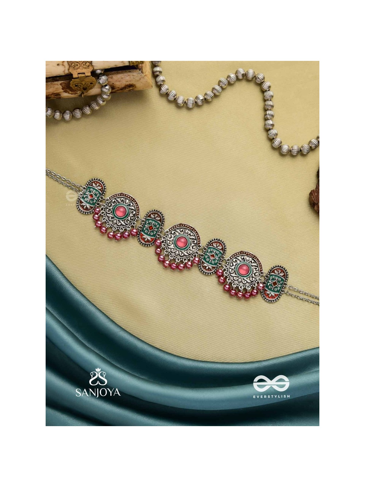 RAKTASHREE– RED ELEGANCE : OXIDIZED CHOKER WITH INTRICATE WORK AND BOLD RED ACCENTS, PERFECT FOR A TRADITIONAL LOOK