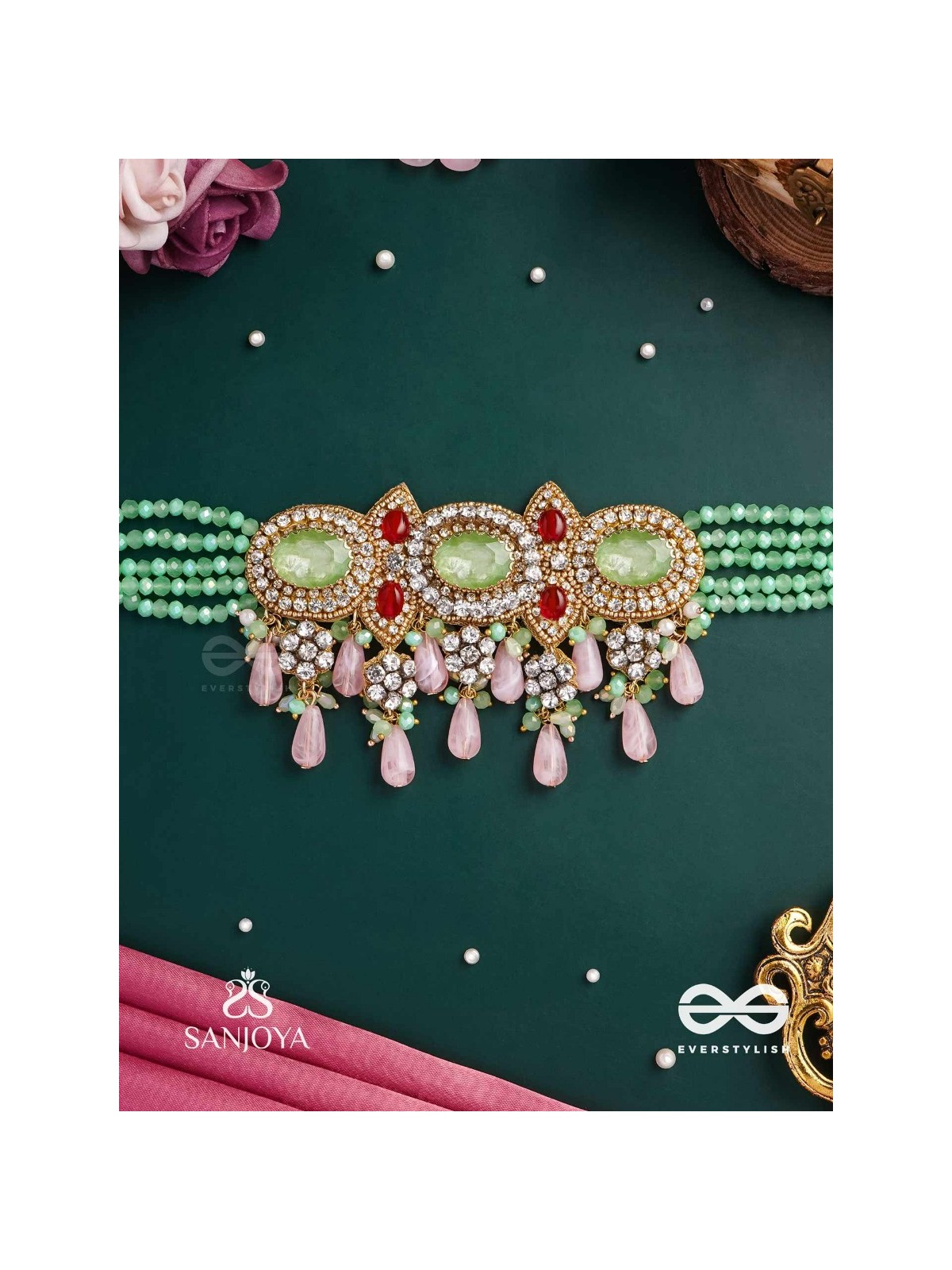 PANKHURI DHARA – SUHANA KHAN INSPIRED NECKPIECE FEATURING CASCADING PINK BEADS AND SPARKLING GEMSTONES