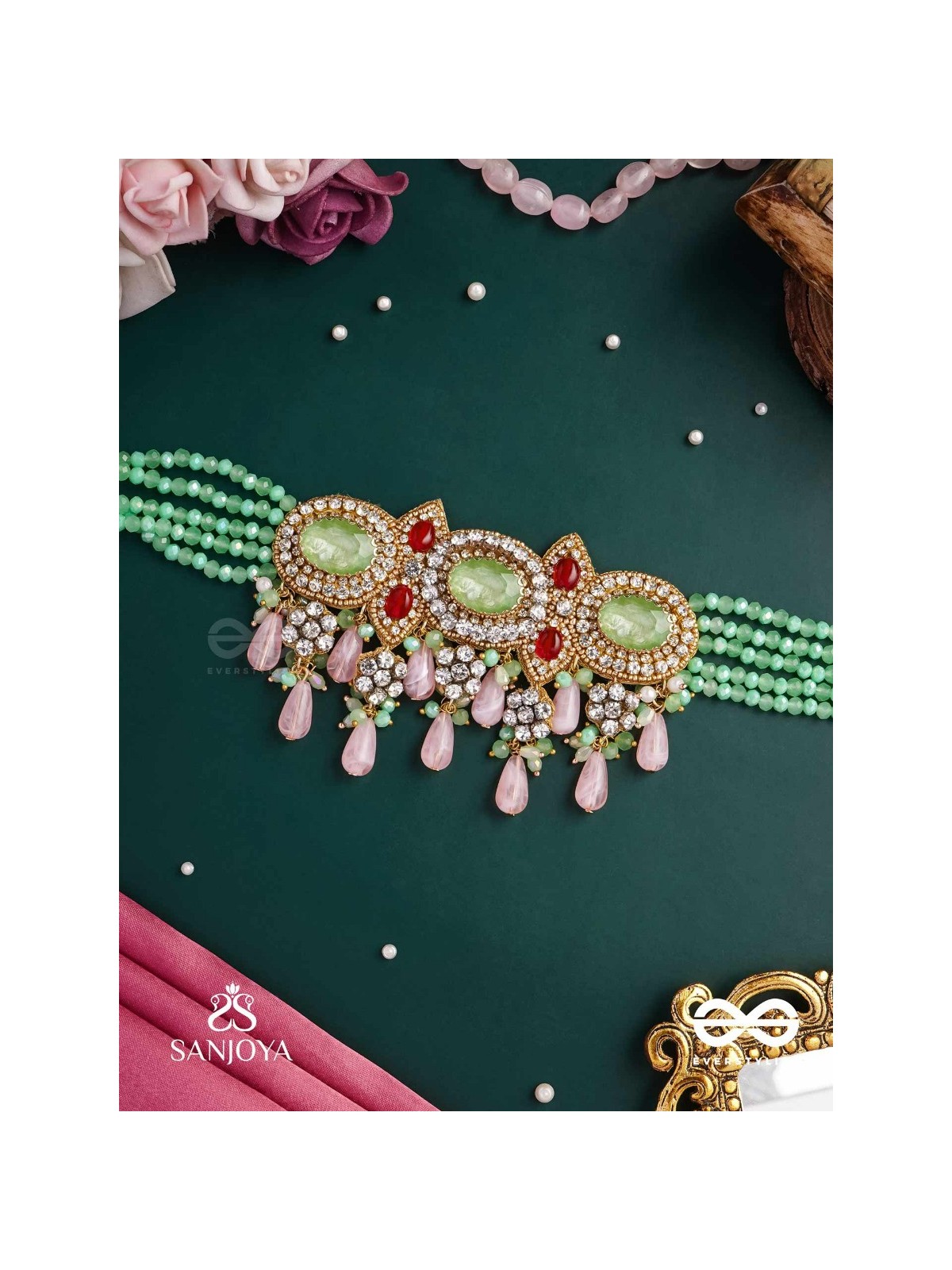 PANKHURI DHARA – SUHANA KHAN INSPIRED NECKPIECE FEATURING CASCADING PINK BEADS AND SPARKLING GEMSTONES