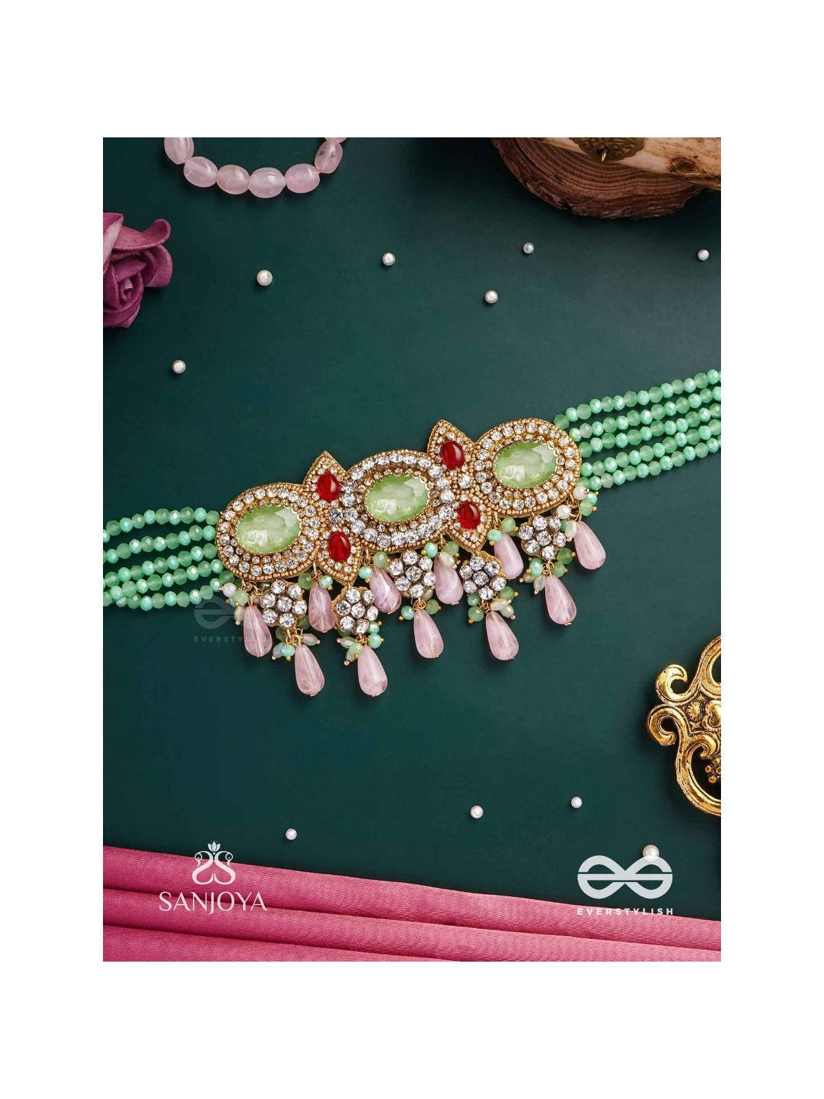 PANKHURI DHARA – SUHANA KHAN INSPIRED NECKPIECE FEATURING CASCADING PINK BEADS AND SPARKLING GEMSTONES