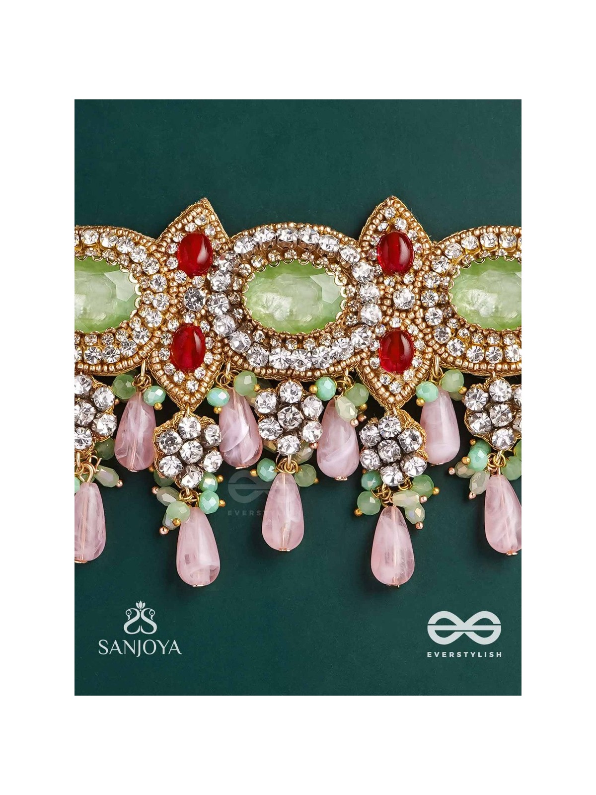 PANKHURI DHARA – SUHANA KHAN INSPIRED NECKPIECE FEATURING CASCADING PINK BEADS AND SPARKLING GEMSTONES