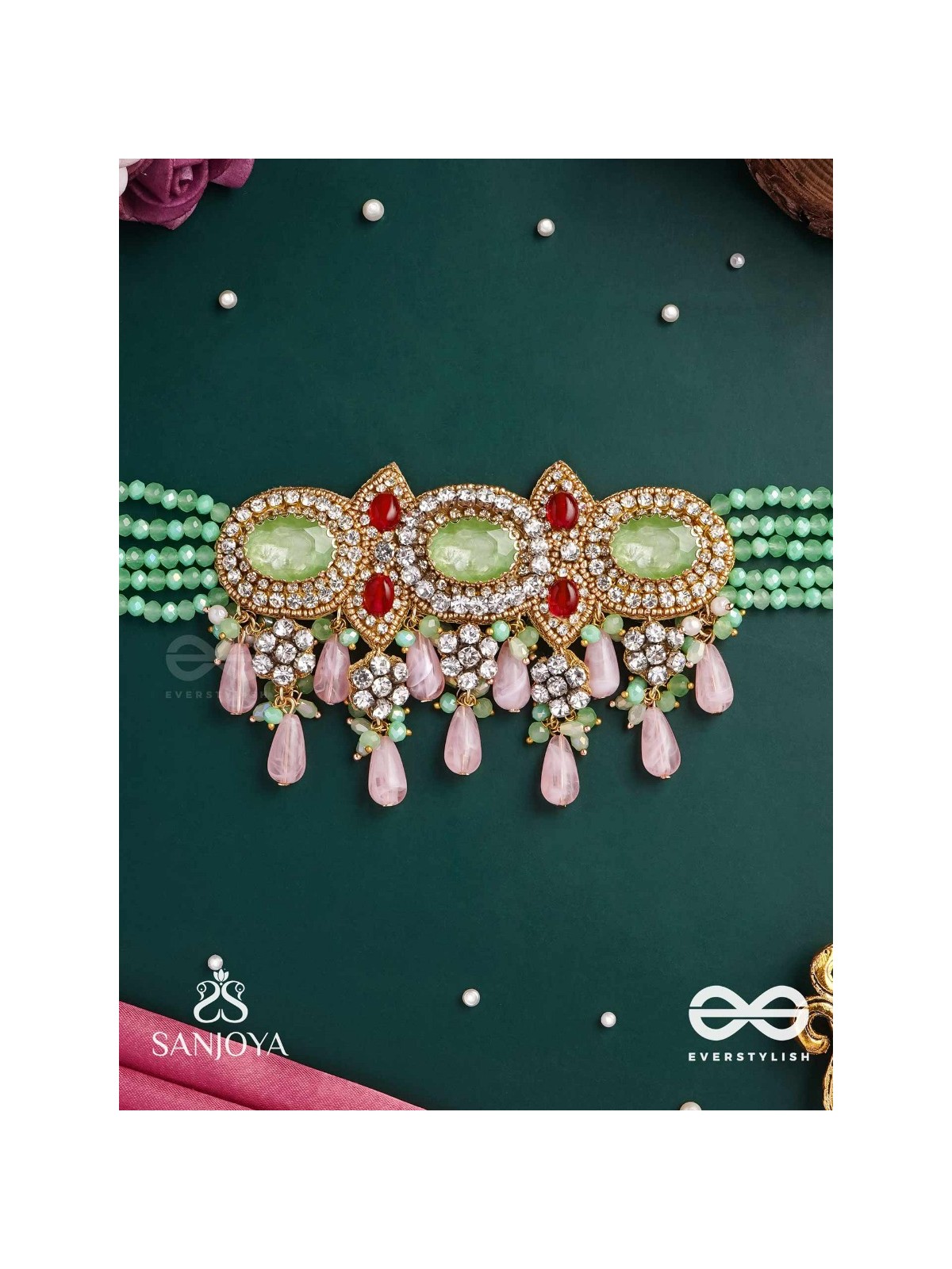 PANKHURI DHARA – SUHANA KHAN INSPIRED NECKPIECE FEATURING CASCADING PINK BEADS AND SPARKLING GEMSTONES