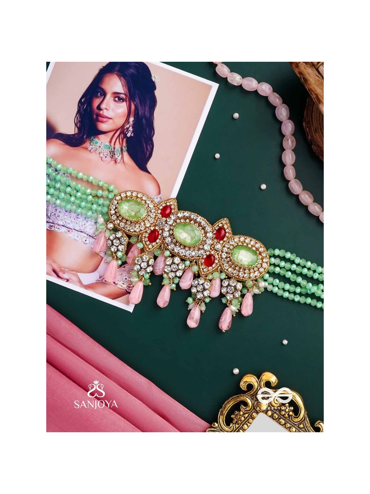 PANKHURI DHARA – SUHANA KHAN INSPIRED NECKPIECE FEATURING CASCADING PINK BEADS AND SPARKLING GEMSTONES