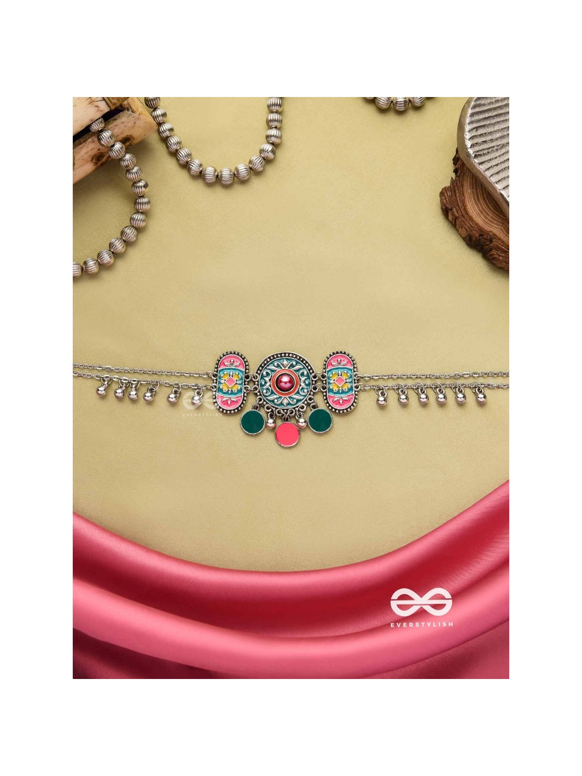 TRIBAL GRACE- ENAMELED OXIDIZED CHOKER WITH GHUNGROO'S