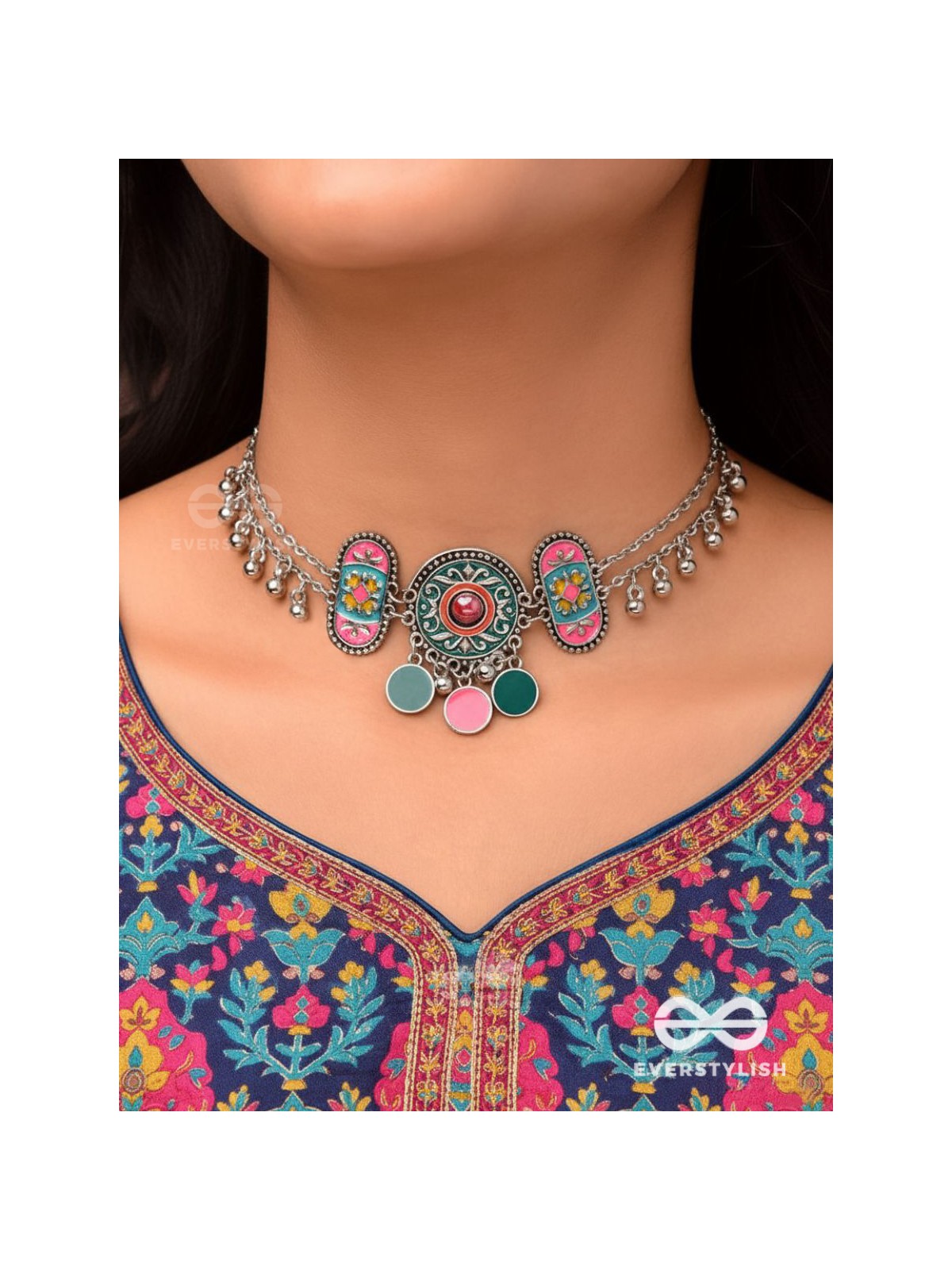 TRIBAL GRACE- ENAMELED OXIDIZED CHOKER WITH GHUNGROO'S