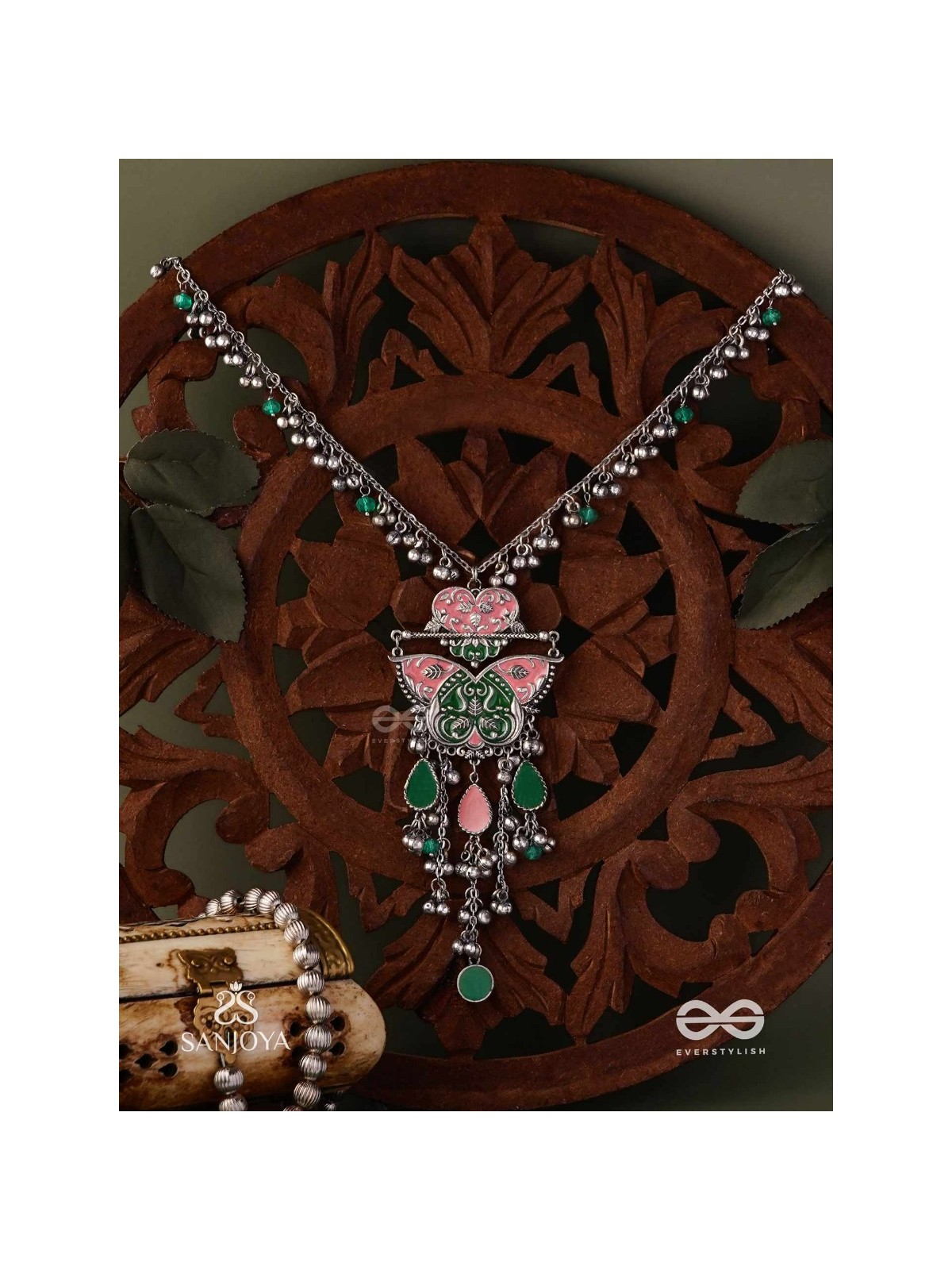 MAYURA MAALA- PECOCK NECKLACE: ENAMELLED OXIDISED NECKLACE WITH GHUNGROO AND BEADS