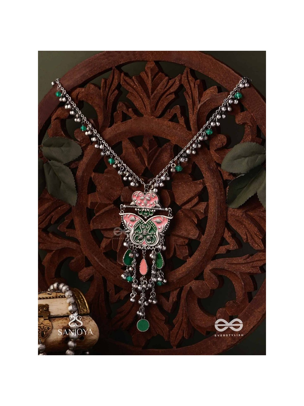 MAYURA MAALA- PECOCK NECKLACE: ENAMELLED OXIDISED NECKLACE WITH GHUNGROO AND BEADS