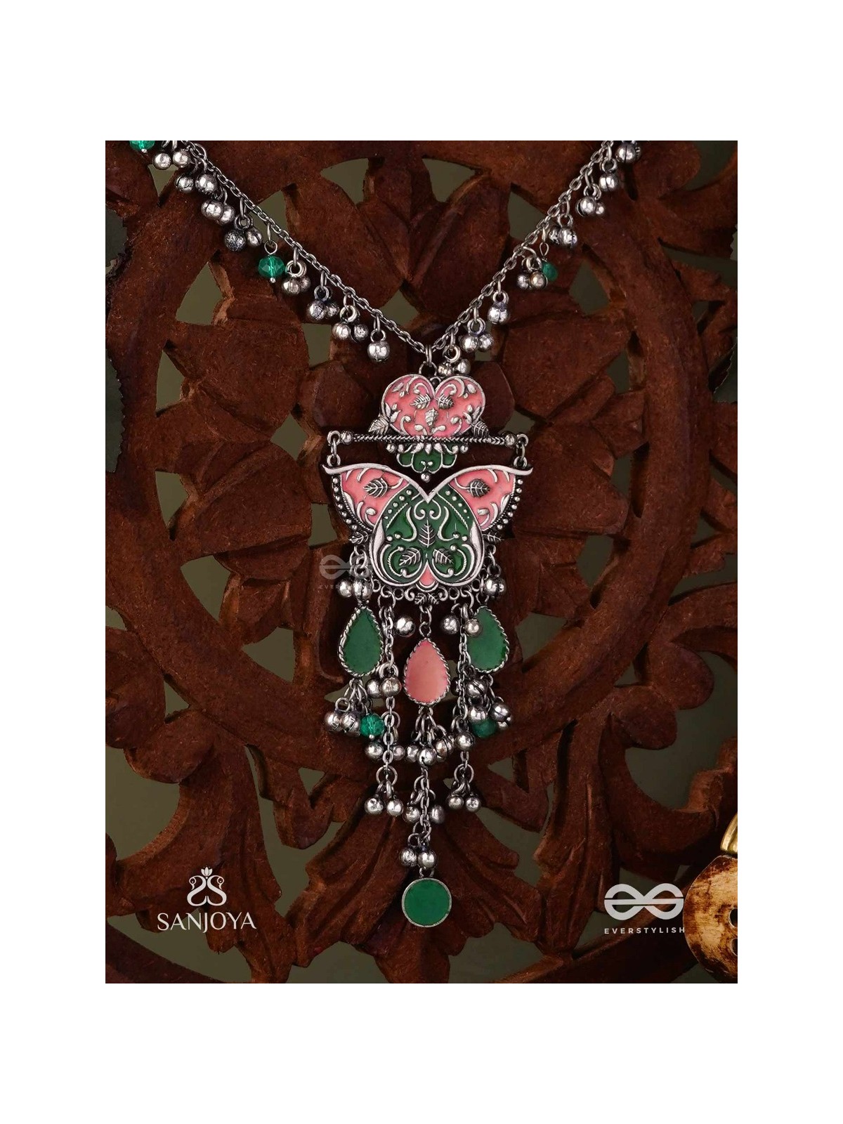 MAYURA MAALA- PECOCK NECKLACE: ENAMELLED OXIDISED NECKLACE WITH GHUNGROO AND BEADS