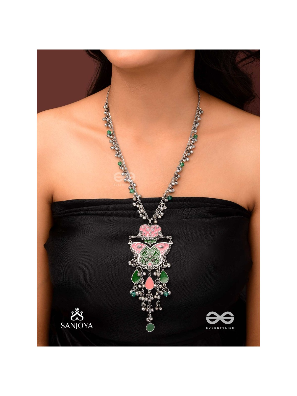 MAYURA MAALA- PECOCK NECKLACE: ENAMELLED OXIDISED NECKLACE WITH GHUNGROO AND BEADS