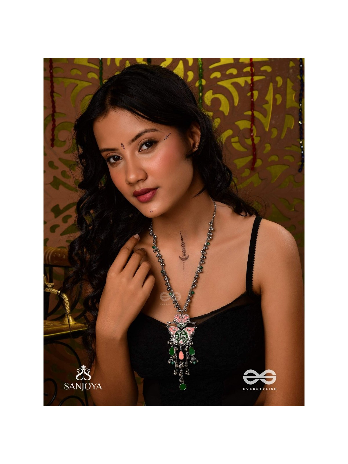 MAYURA MAALA- PECOCK NECKLACE: ENAMELLED OXIDISED NECKLACE WITH GHUNGROO AND BEADS