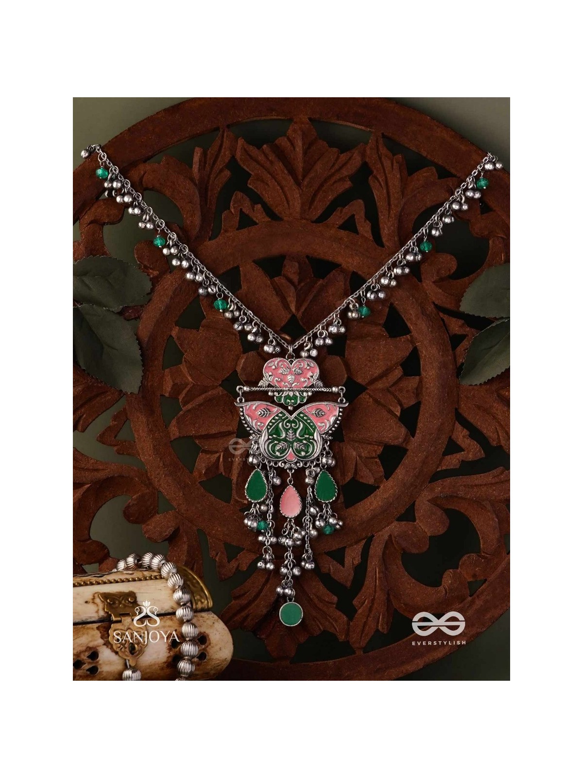 MAYURA MAALA- PECOCK NECKLACE: ENAMELLED OXIDISED NECKLACE WITH GHUNGROO AND BEADS