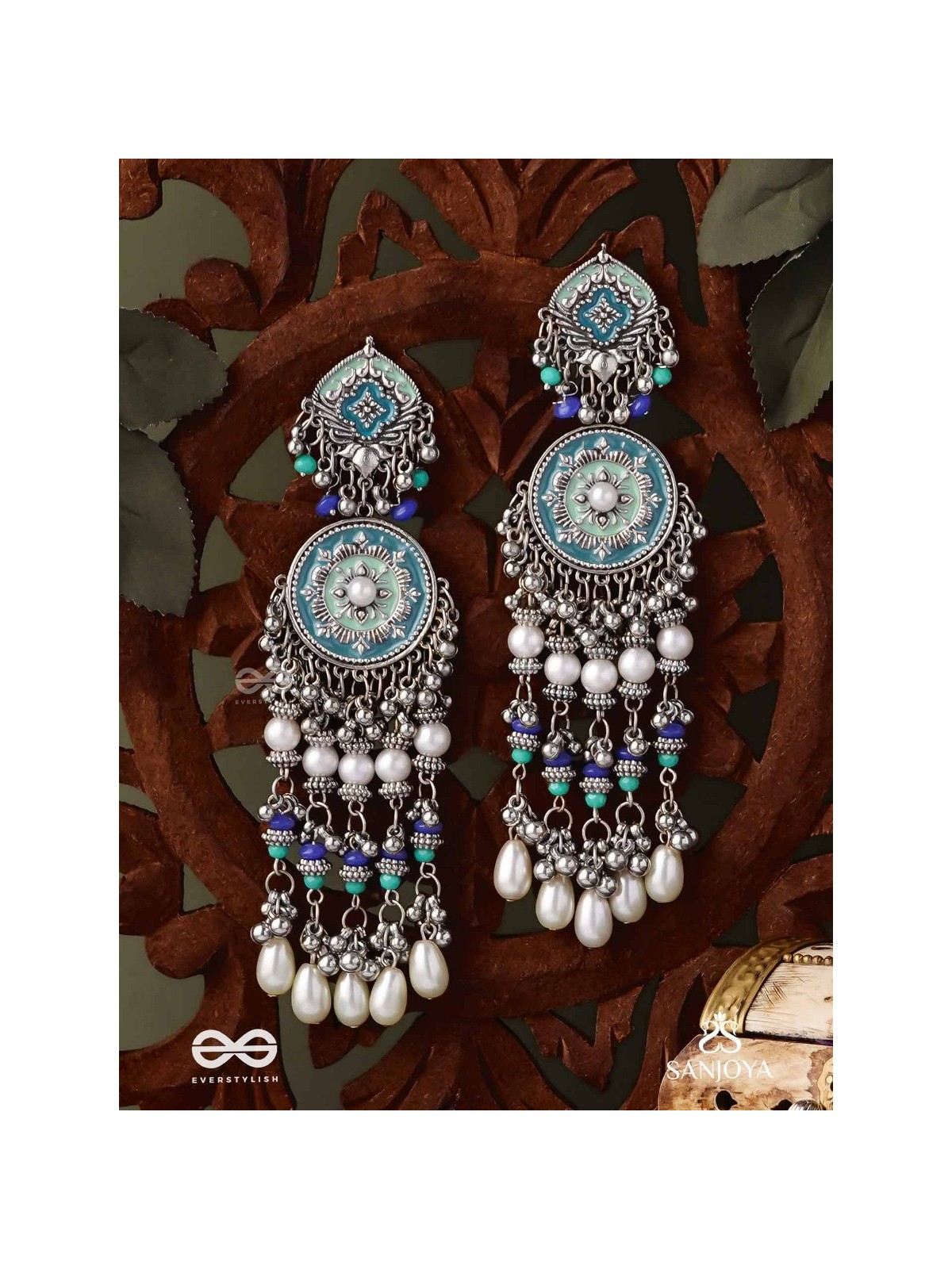 NEELKAMALA – BLUE LOTUS OXIDIZED EARRINGS WITH BLUE BEADS AND INTRICATE WORK, ADORNED WITH PEARLS & GHUNGROO'S