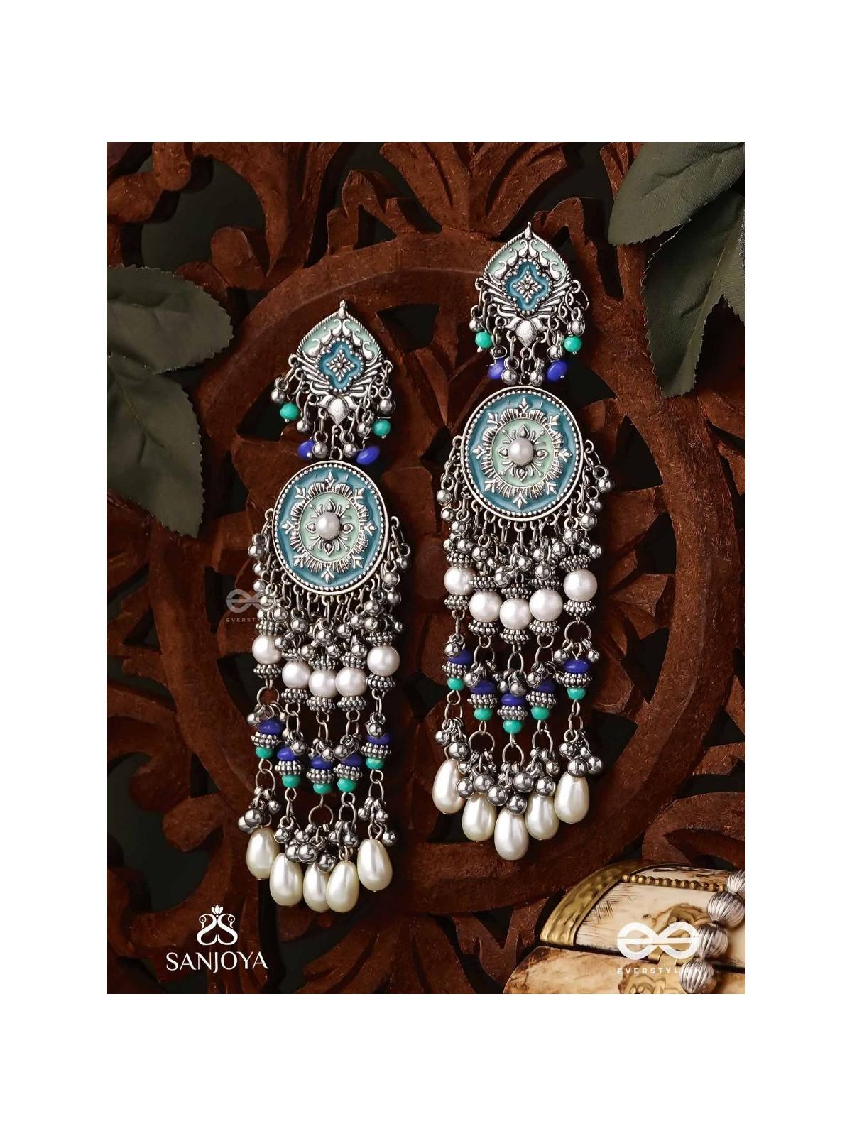 NEELKAMALA – BLUE LOTUS OXIDIZED EARRINGS WITH BLUE BEADS AND INTRICATE WORK, ADORNED WITH PEARLS & GHUNGROO'S