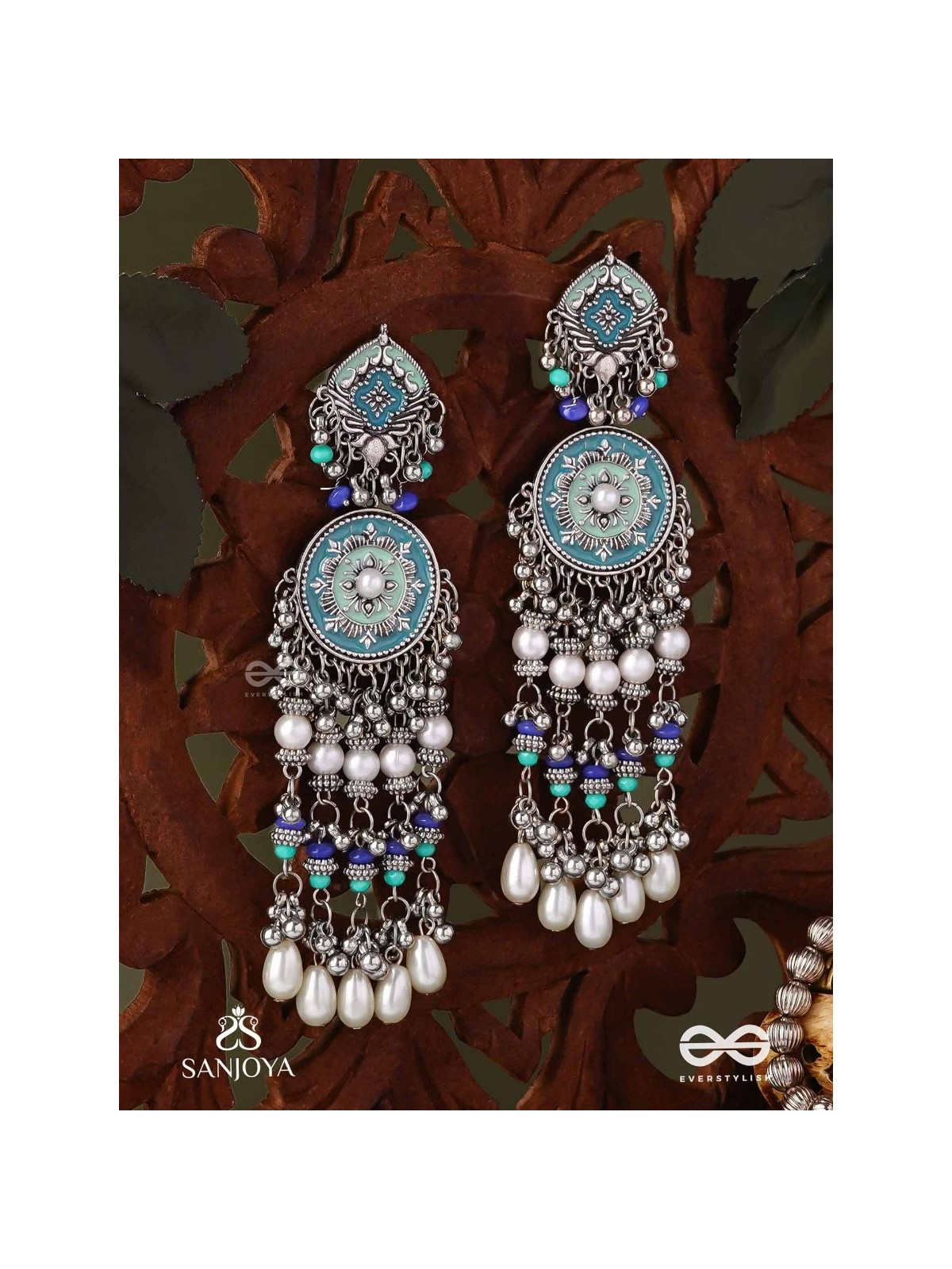 NEELKAMALA – BLUE LOTUS OXIDIZED EARRINGS WITH BLUE BEADS AND INTRICATE WORK, ADORNED WITH PEARLS & GHUNGROO'S