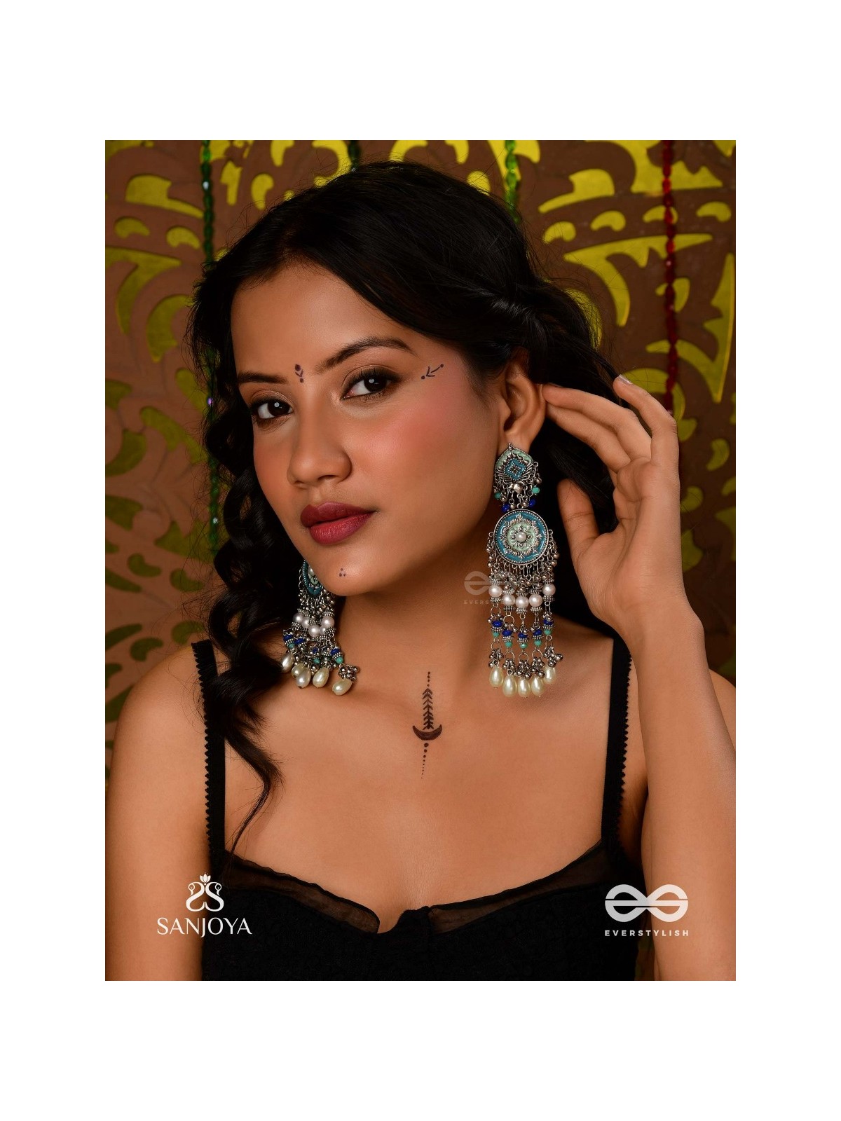 NEELKAMALA – BLUE LOTUS OXIDIZED EARRINGS WITH BLUE BEADS AND INTRICATE WORK, ADORNED WITH PEARLS & GHUNGROO'S