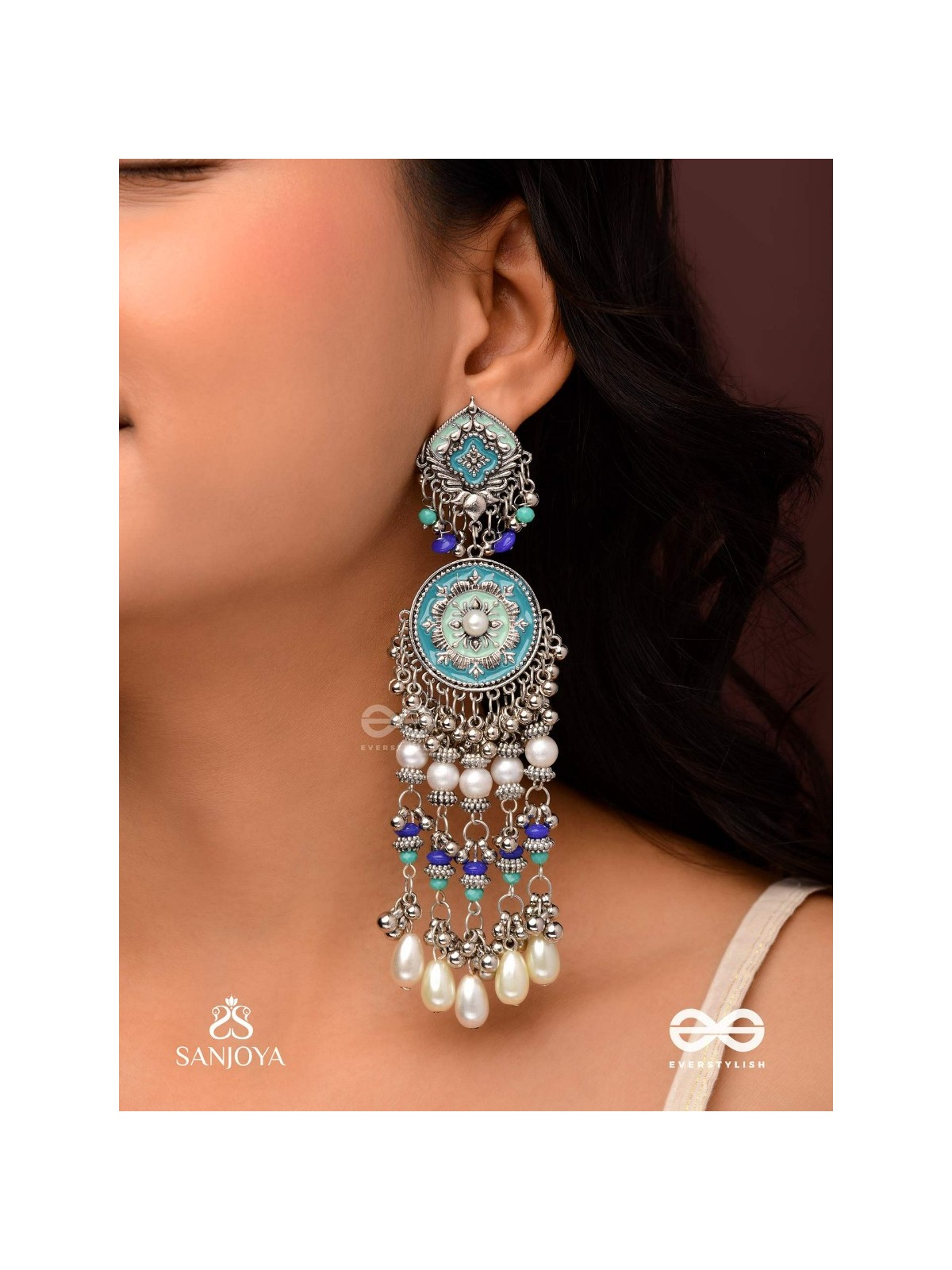 NEELKAMALA – BLUE LOTUS OXIDIZED EARRINGS WITH BLUE BEADS AND INTRICATE WORK, ADORNED WITH PEARLS & GHUNGROO'S