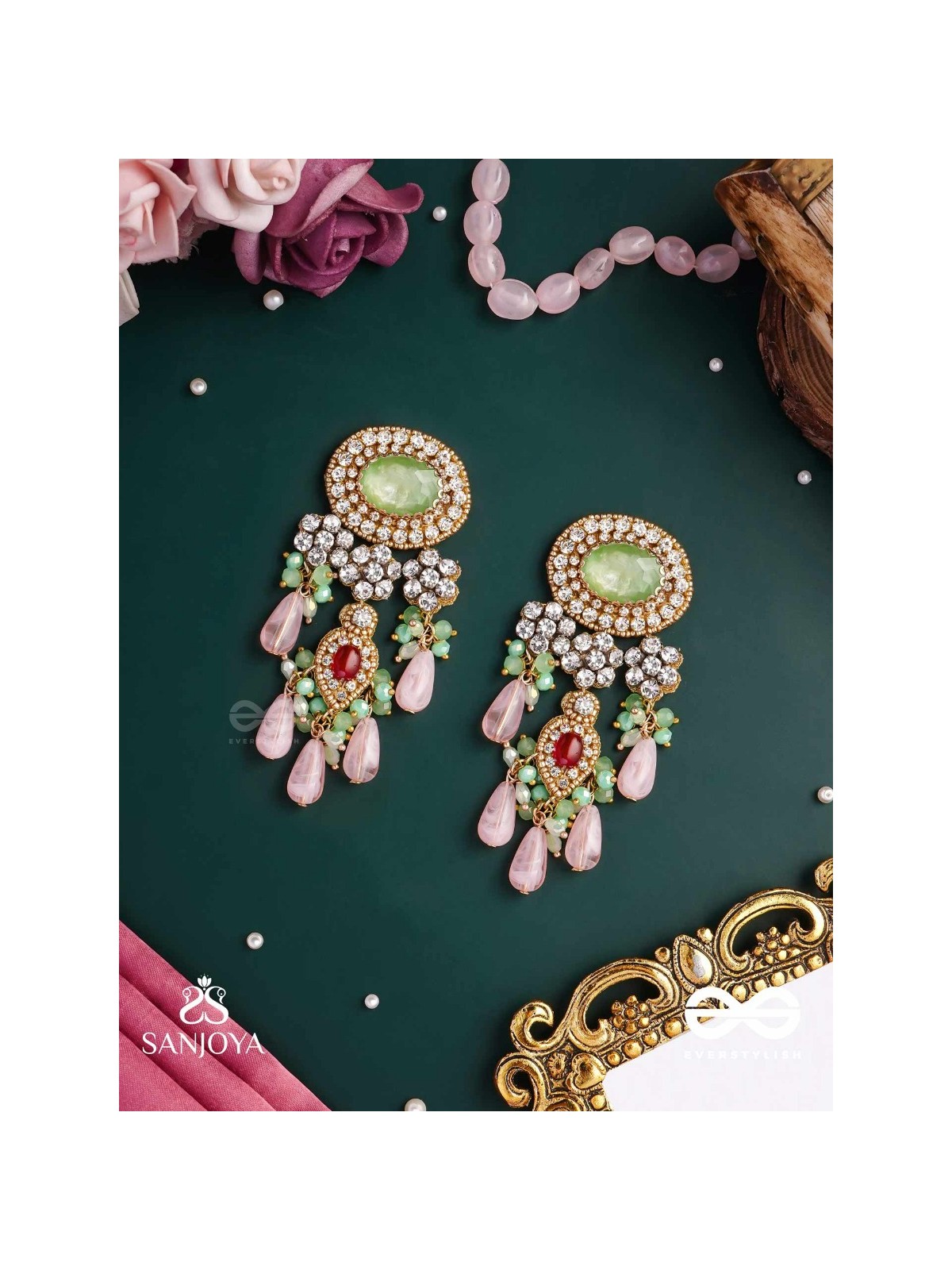 PANKHURI DHARA – SUHANA KHAN INSPIRED EARRINGS FEATURING CASCADING PINK BEADS AND SPARKLING GEMSTONES