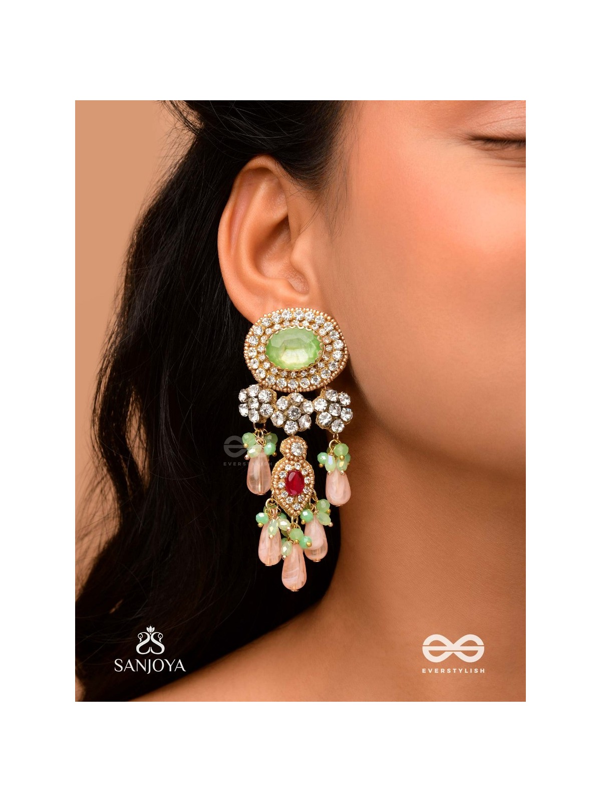 PANKHURI DHARA – SUHANA KHAN INSPIRED EARRINGS FEATURING CASCADING PINK BEADS AND SPARKLING GEMSTONES