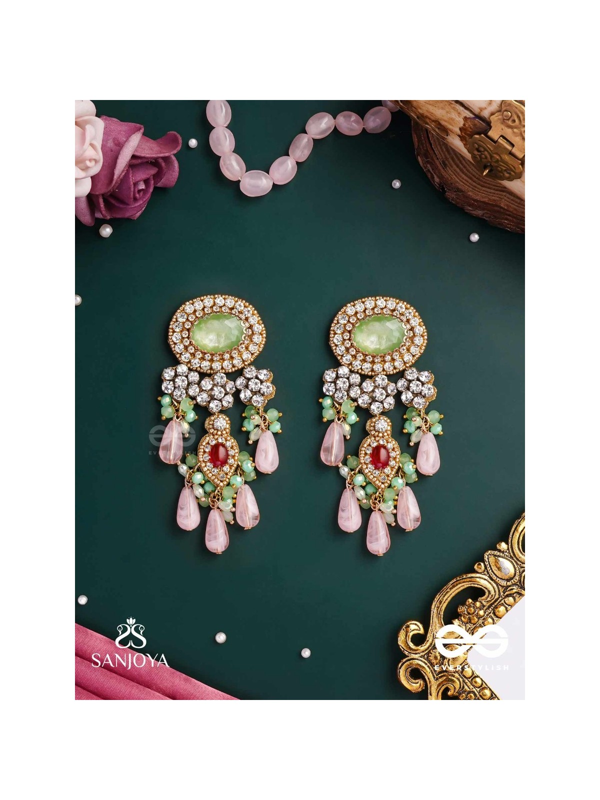 PANKHURI DHARA – SUHANA KHAN INSPIRED EARRINGS FEATURING CASCADING PINK BEADS AND SPARKLING GEMSTONES