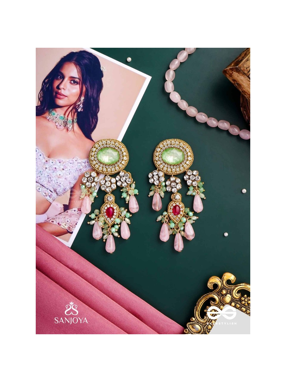 PANKHURI DHARA – SUHANA KHAN INSPIRED EARRINGS FEATURING CASCADING PINK BEADS AND SPARKLING GEMSTONES