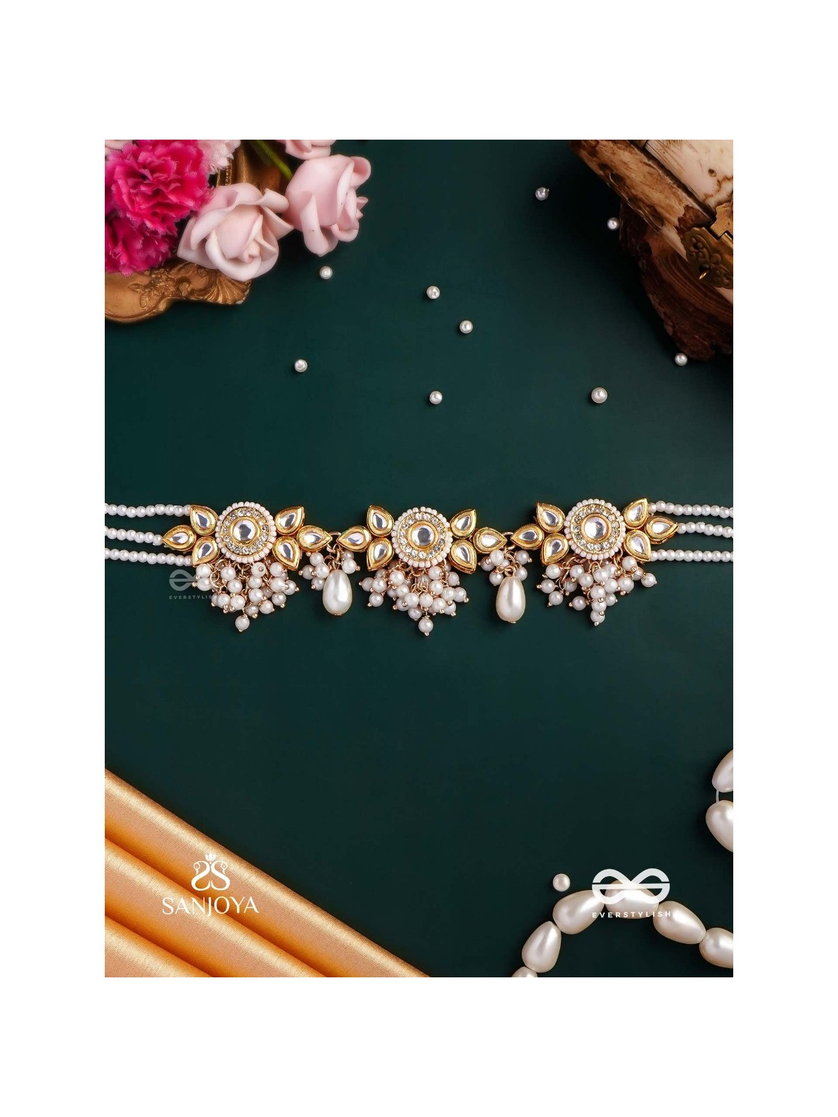 KANAKA MRIDULA – GOLDEN GRACE A BEAUTIFUL KUNDAN NECKLACE WITH FLORAL DESIGNS AND PEARLS