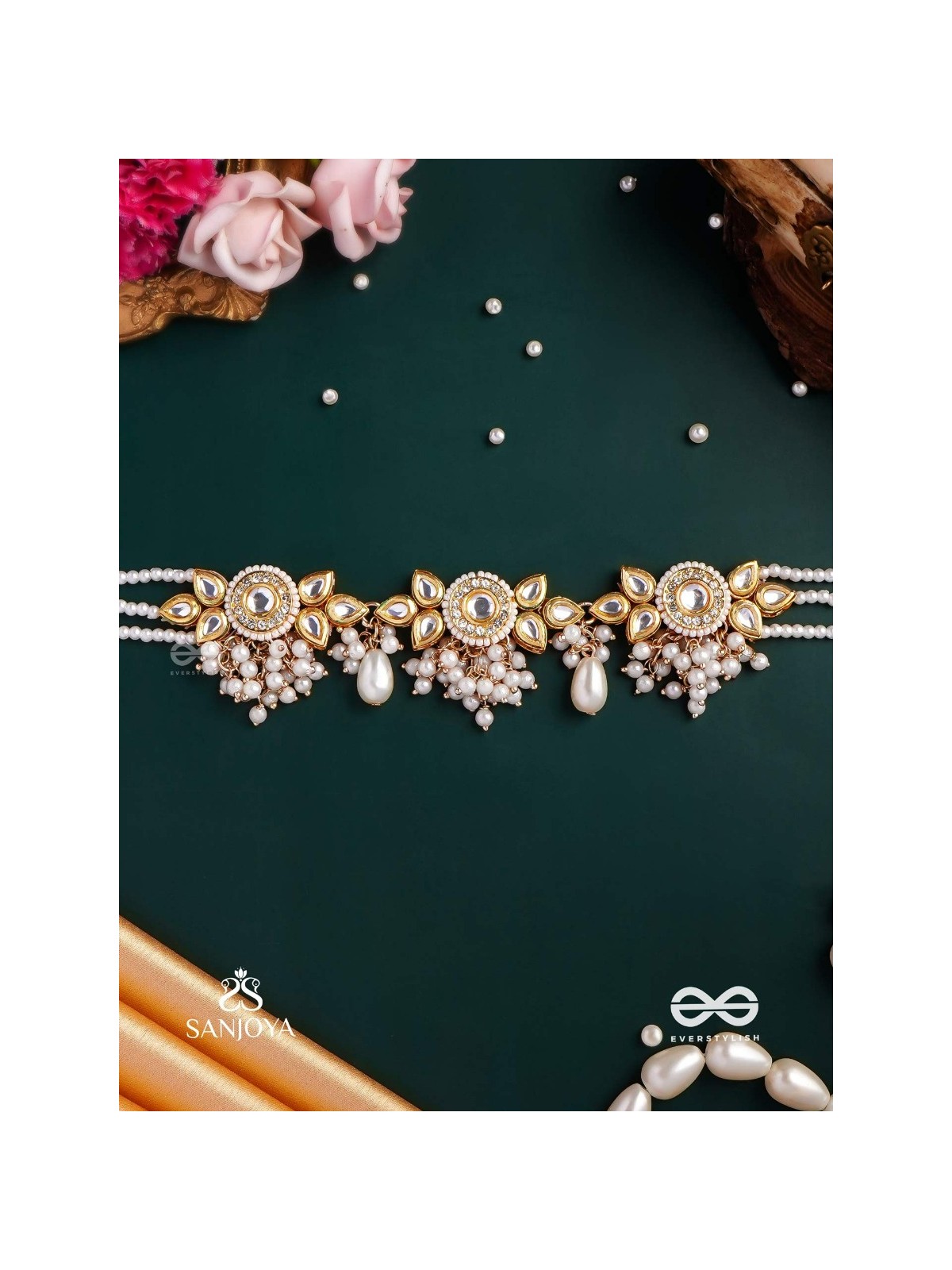 KANAKA MRIDULA – GOLDEN GRACE A BEAUTIFUL KUNDAN NECKLACE WITH FLORAL DESIGNS AND PEARLS