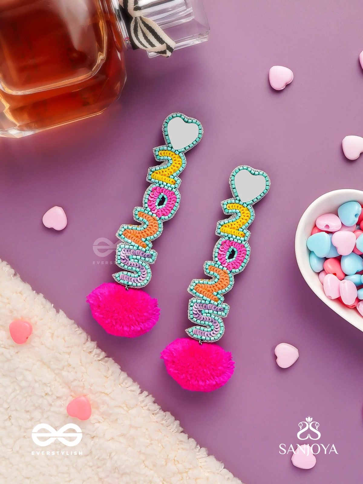 NAVAVARSAM - NEW YEAR  - BEADWORK, MIRRORS AND POM POMS EARRINGS