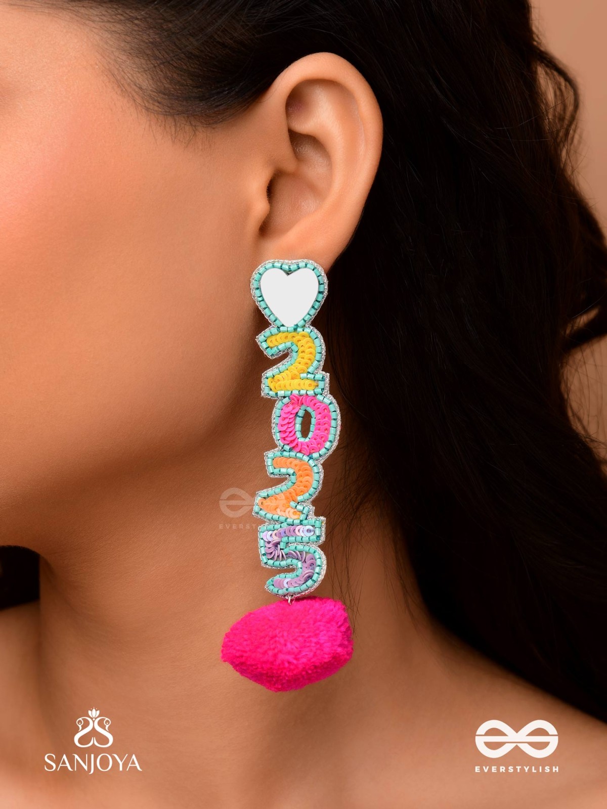 NAVAVARSAM - NEW YEAR  - BEADWORK, MIRRORS AND POM POMS EARRINGS