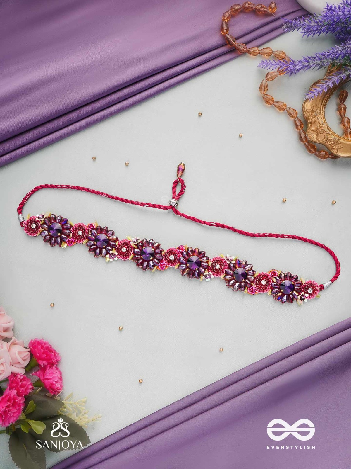 VARNAMALA ABHUSHANA - ADORNMENT OF COLORS - HEADBAND WITH GEMSTONES AND BEADS IN FLORAL PATTERNS