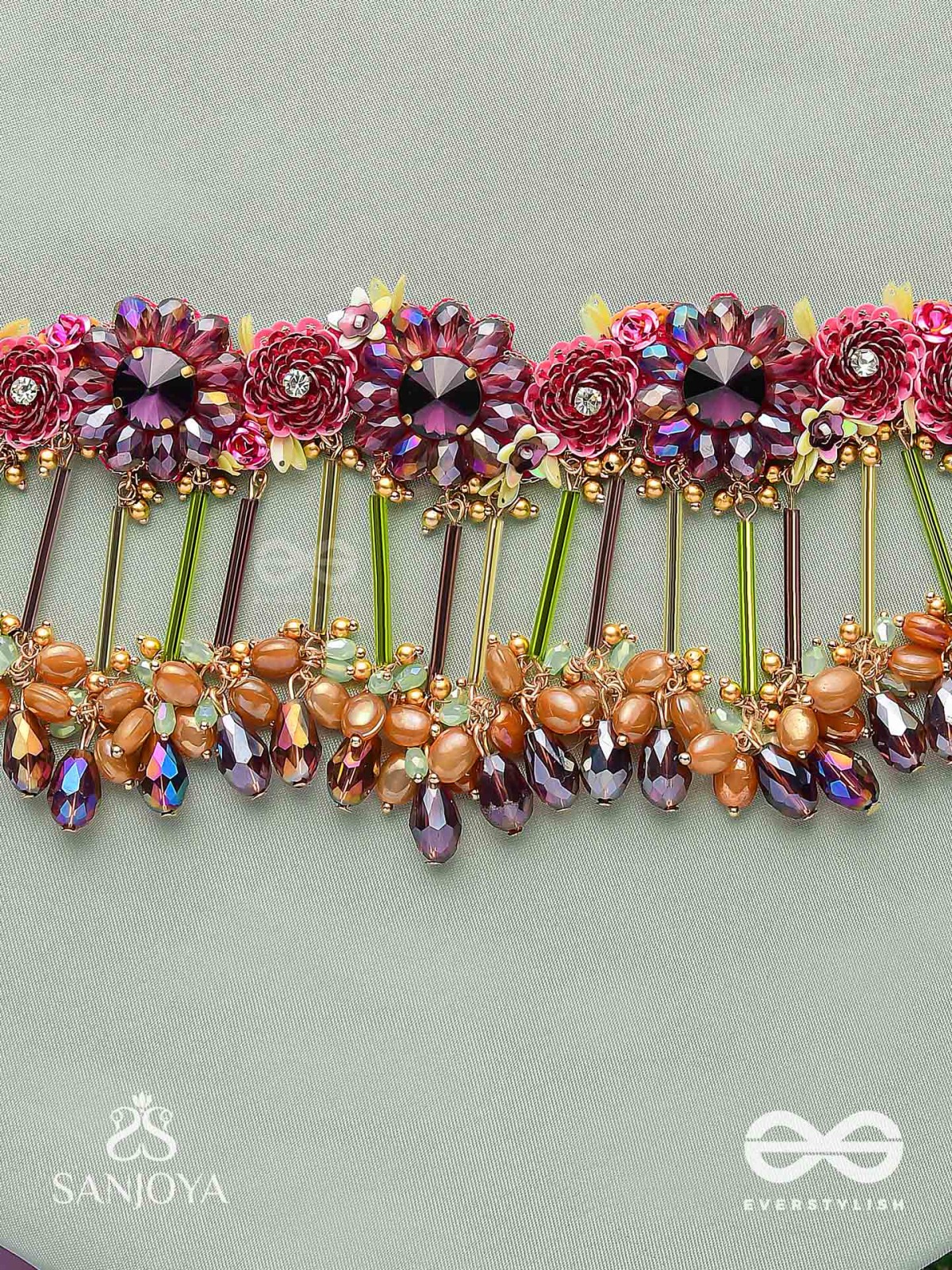 VARNAMALA ABHUSHANA - ADORNMENT OF COLORS - FLORAL MOTIFS, BEADWORK, GLASS DROPS WITH GOLDEN DETAILING CHOKER NECKPIECE